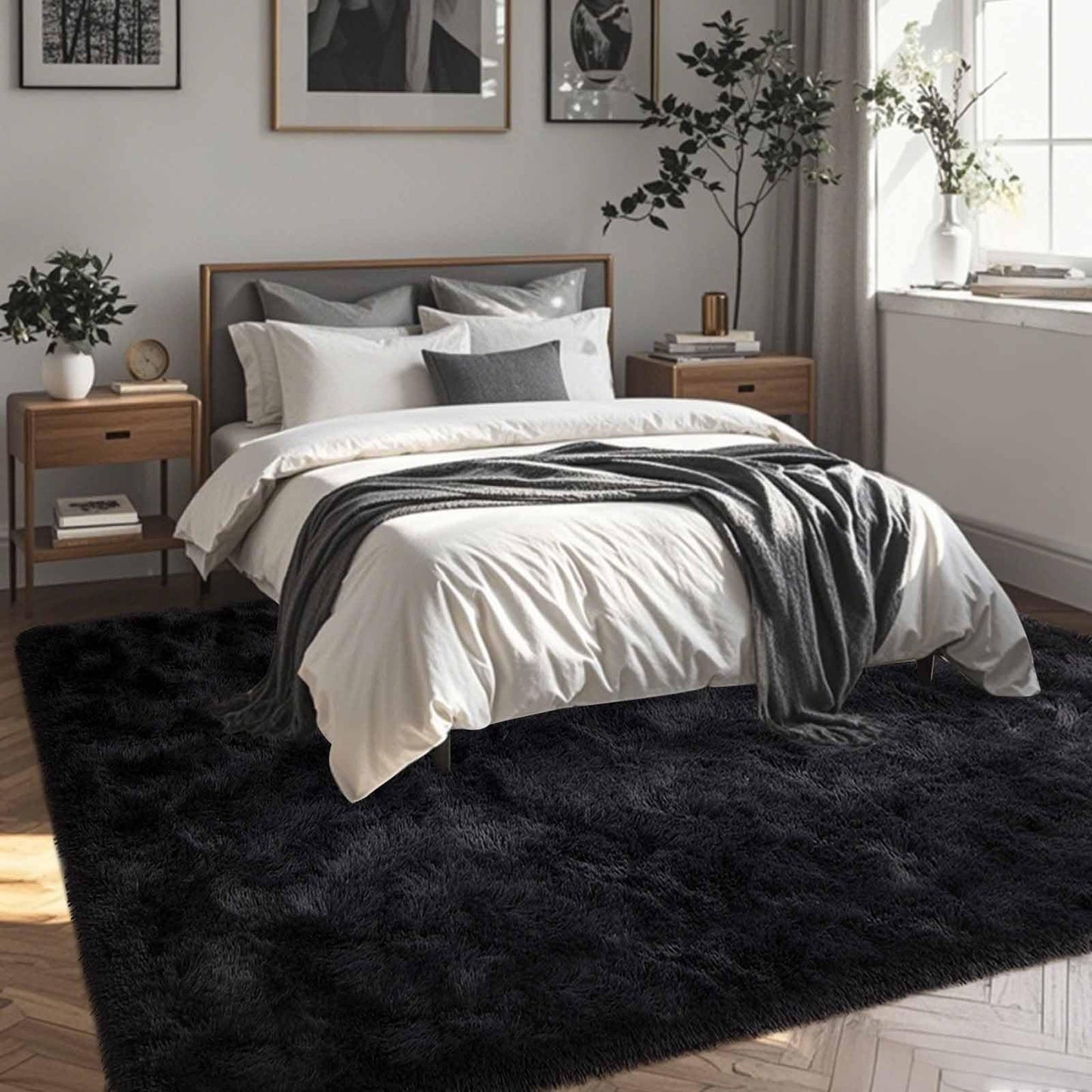 FinRèc Soft Black Area Rugs for Bedroom Living Room, 4x6 Feet Modern Indoor Fluffy Shaggy Rug, Non-Slip Fuzzy Furry Rug for Nursery Kids Room Dorm Room Home Decor, High Pile Plush Floor Carpet