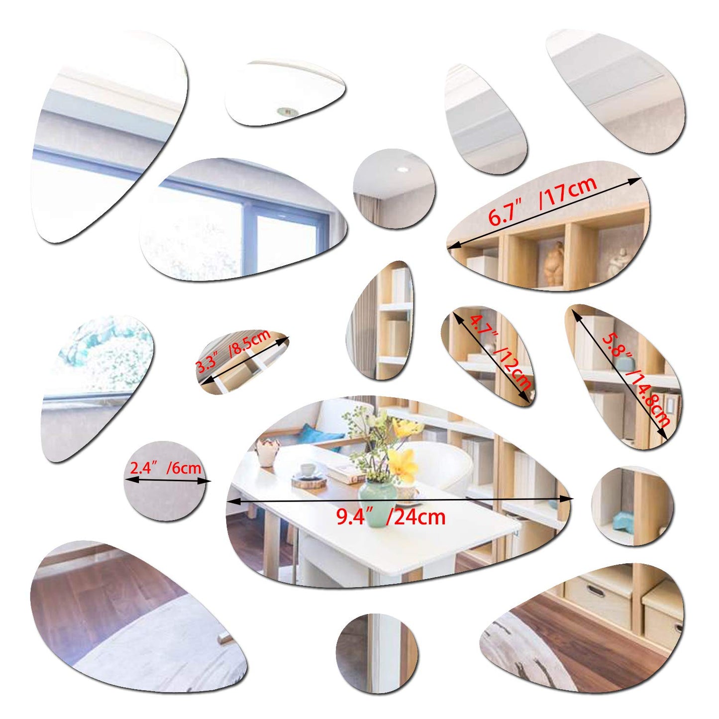 TTSAM 72Pcs Mirror Decals Wall Stickers - Cobblestone Shape DIY Decor for Home Room Bedroom Office Decoration Silver