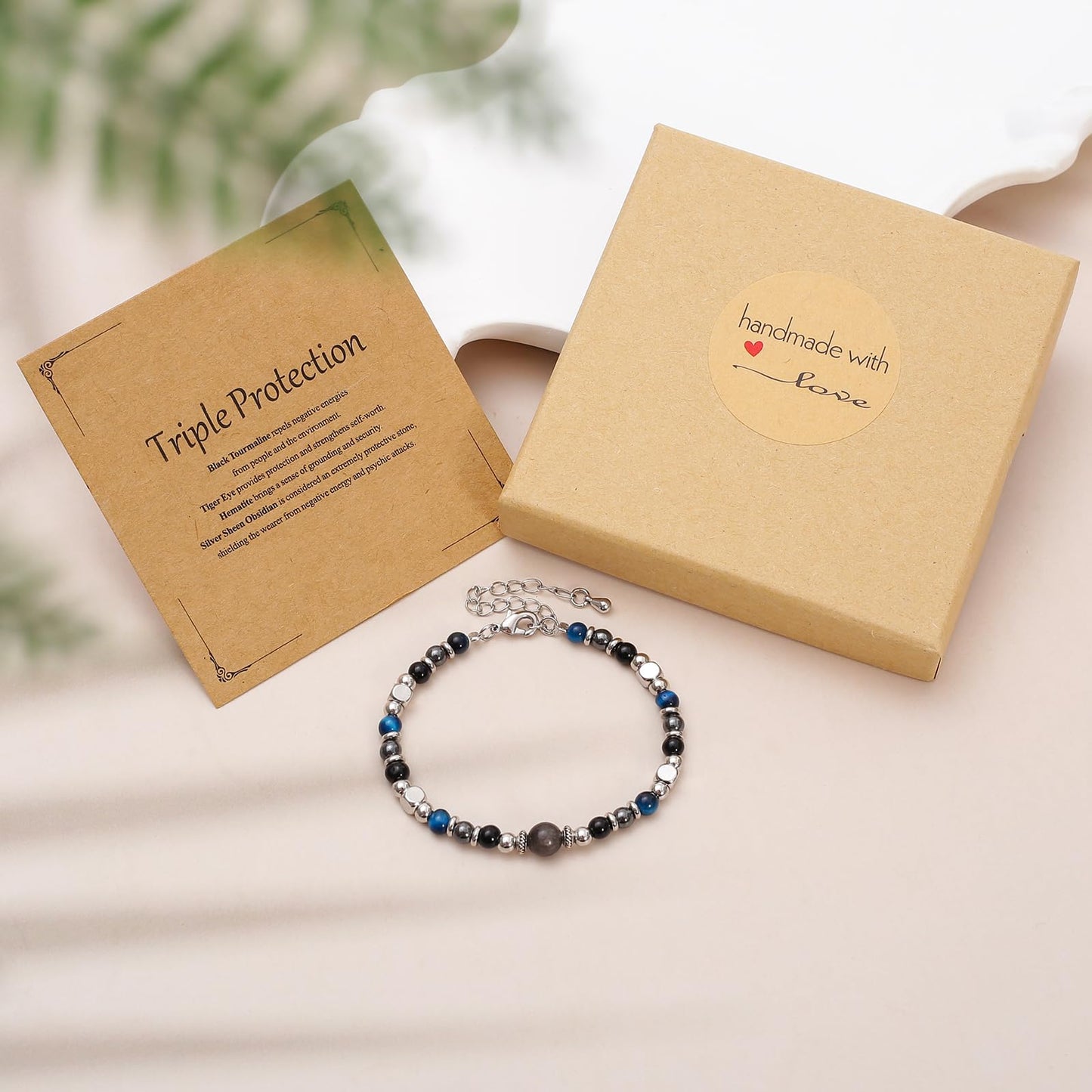 MTJAHPS Protection Bracelet, empath protection, black obsidian Crystals and Healing Stones Bracelet for Women ,Luck ,Anxiety and Stress Clam Bracelet (A-Triple Protection)