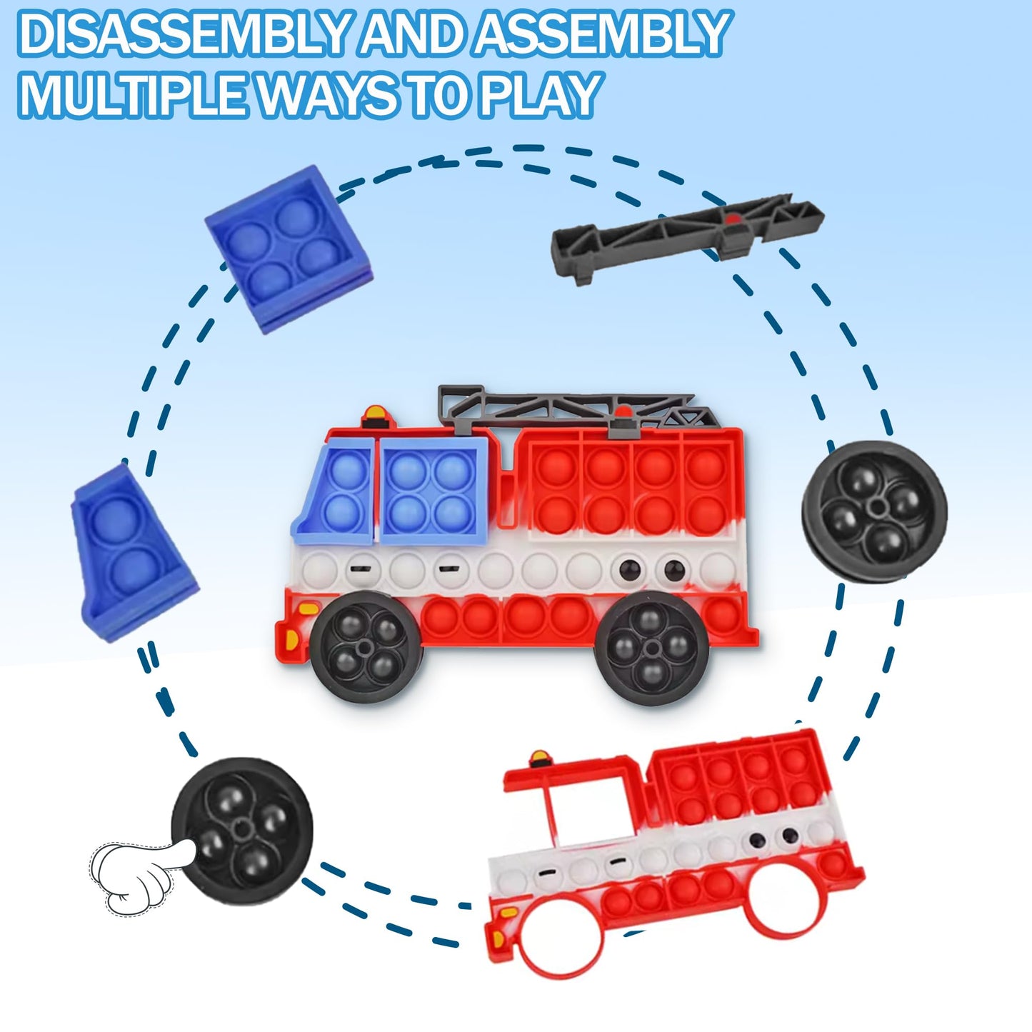 2 Packs Fidget Sensory Toys,Kids Boy Police Car Fire Truck Vehicle Toy,Detachable and Assembled Puzzle Fidgets,Stress Relief Autism Push Bubble Poppers,Travel Birthday Gifts for Toddlers Teens