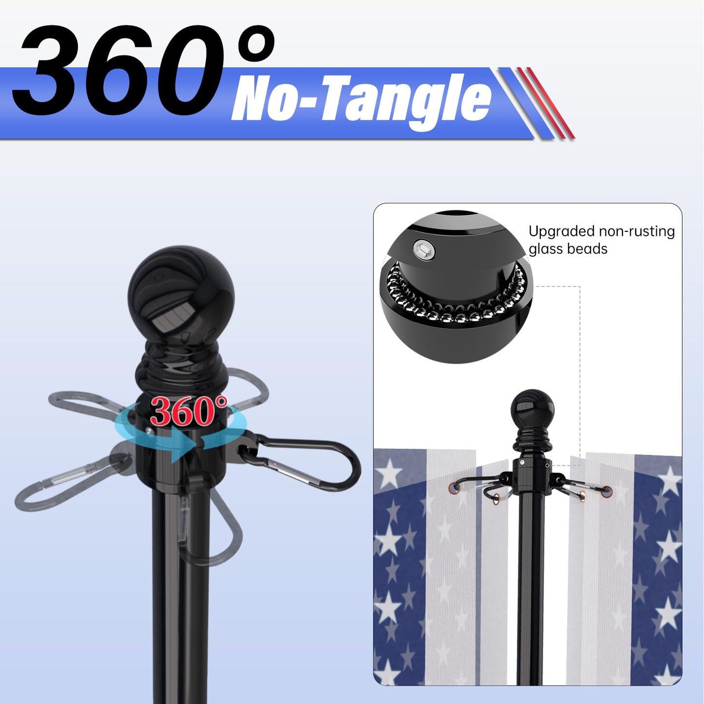 ZMTECH 6FT Flag Pole Kit with Solar Light – Outdoor Stainless Steel Pole Set for House Yard, Includes 180° Adjustable Flag Holder & Mounting Base, Tangle-Free Design, Black (Flag Not Included)