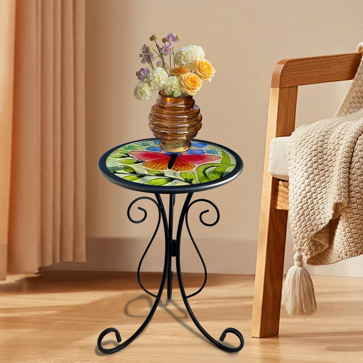 HONGLAND Outdoor Side Table, Small Outdoor Table, 12" Round Patio Side Table End Table, Glass Plant Stand, Small Bistro Coffee Table for Garden Patio Porch Living Room (Butterfly)