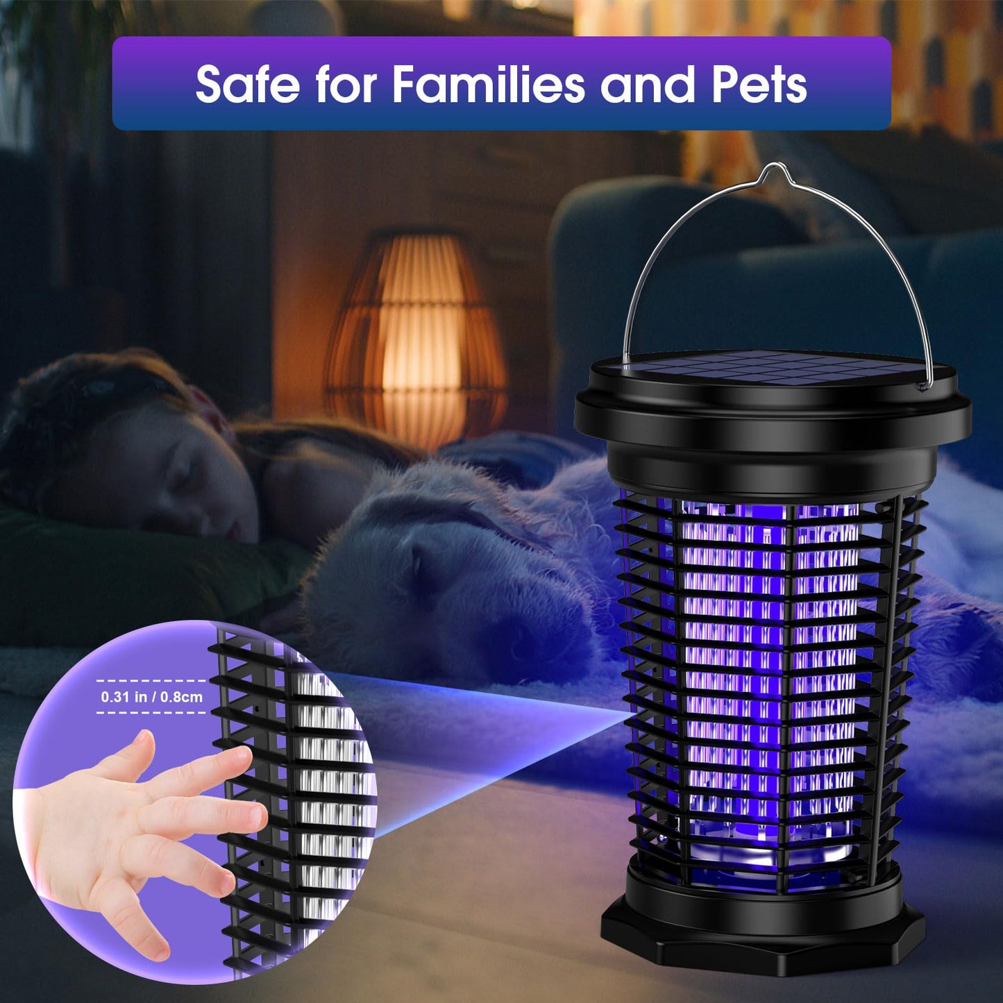 PALONE Bug Zapper for Outdoor & Indoor, USB Rechargeable Solar Bug Zapper with 5.5W Solar Power, Electric Fly Traps, Insect Zapper for Patio, Backyard, Garden, Camping