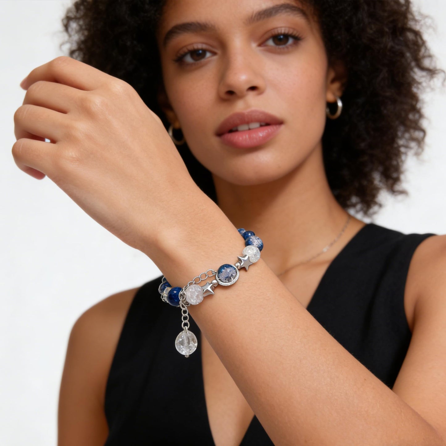 VIEKYBUTTY Blue Moon Starry Sky Beaded Bracelet - Silver Space Crystal Whimsical Gemstone Bracelet for Women