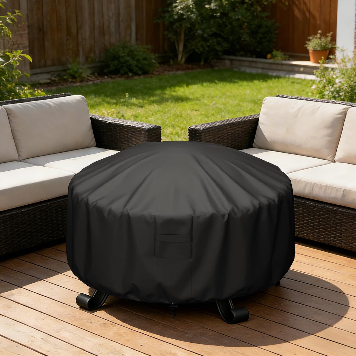 MR. COVER Round Fire Pit Cover 48 Inch, Heavy Duty 600D Waterproof Windproof Fire Pit Table Cover, Rip-Proof Fade Resistant Outdoor Firepit Cover with Straps and Built-in Vents, Black