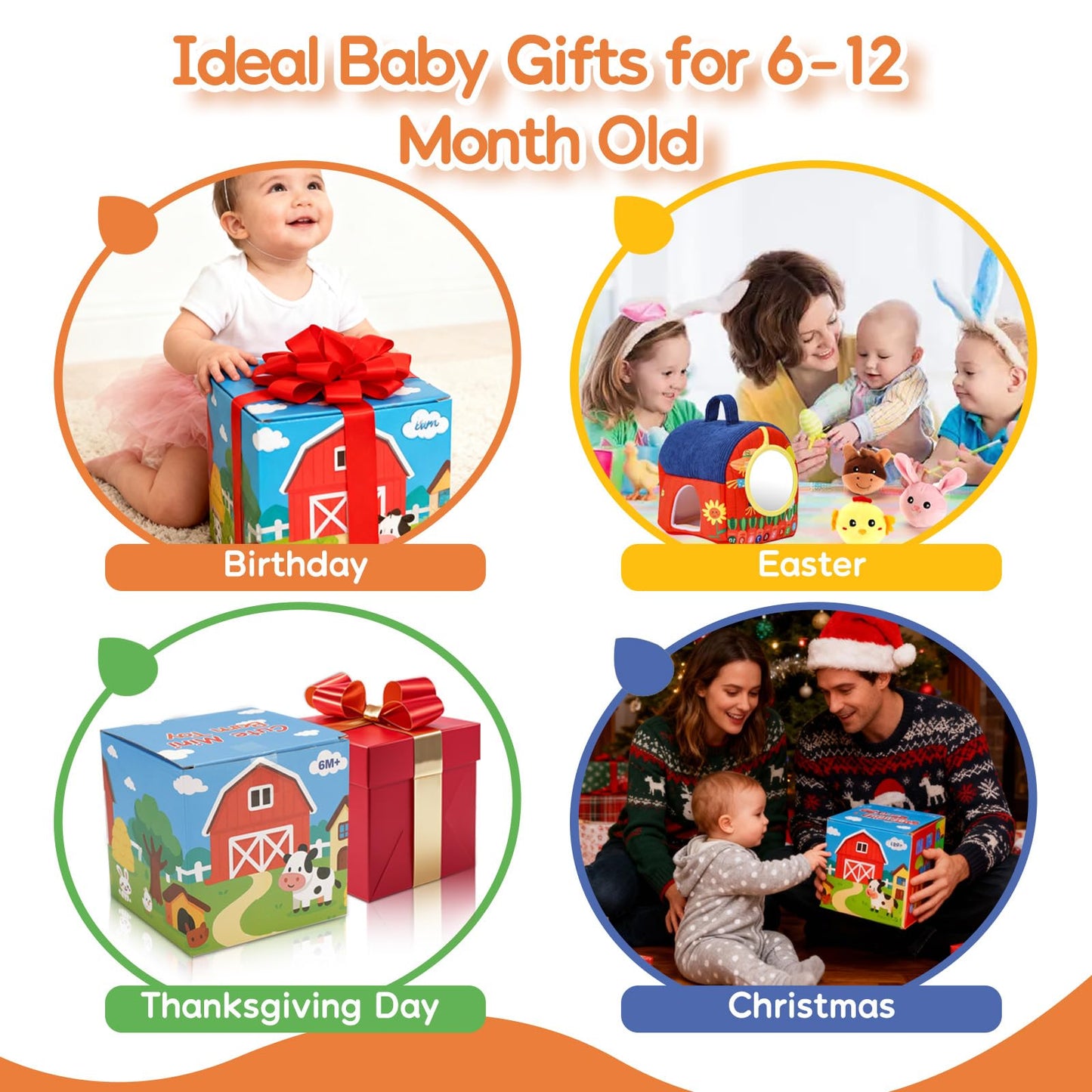 ZXHWTG Baby Toys 6-12 Months, Soft Barn Montessori Sensory Infant Toy for 6 7 8 9 10 Month Old, 1st Birthday Baby Gifts for 1 Year Old Boy Girl, Stuffed Farm Animals, Rattle Squeaky Crinkle Sound