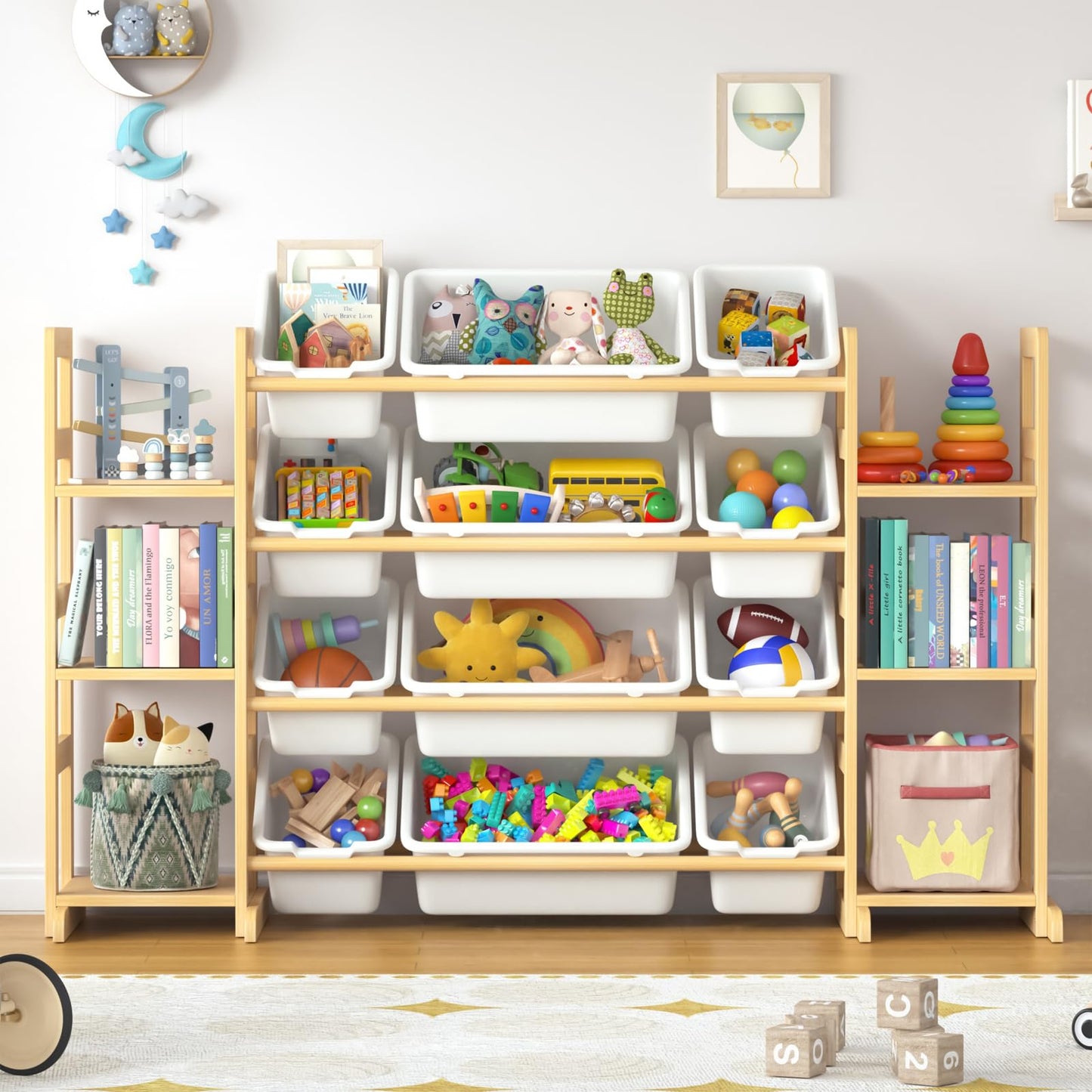 Ratulie Large Toy Storage Organizer Kids Toy Organizer and Bookshelf Combo with 12 Bins and 6 Shelves Toy Organization Box Toy Shelf for Playroom, Bedroom, Nursery