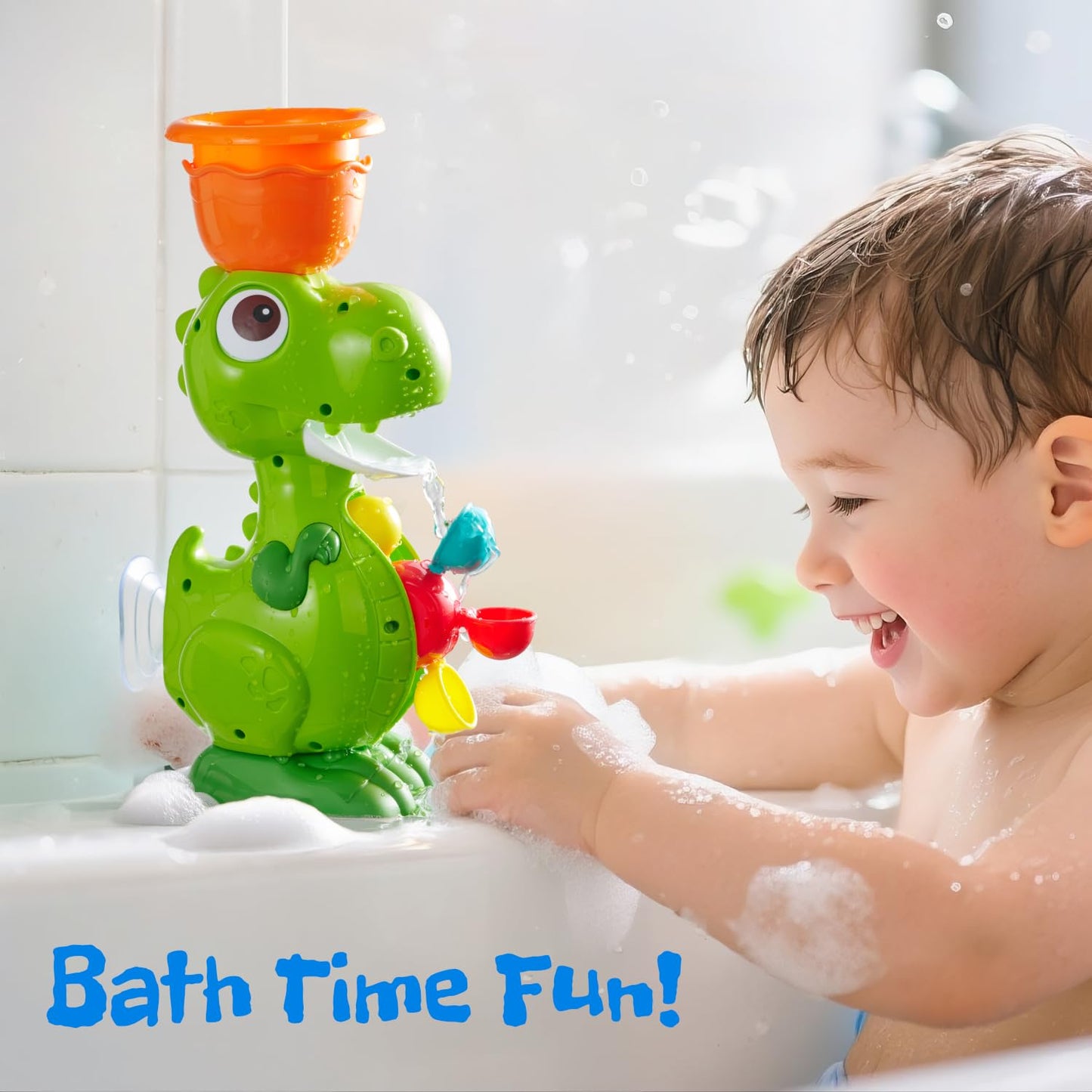 Dinoland Dinosaur Bath Toys for Kids Ages 1-3, Baby Bath Toy with 4 Water Cups and Spinning Wheels, Fun Educational Bathtub Toy for Kids Age 2-4 Boys and Girls, Suction Cup Wall Mount