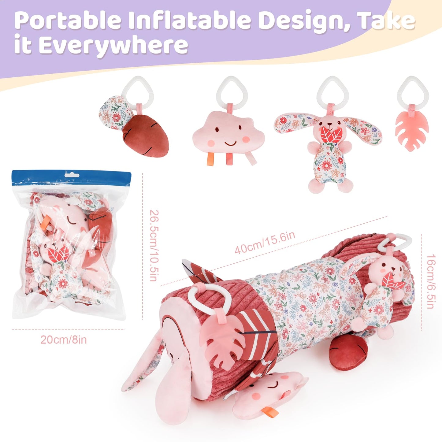 vocheer Tummy Time Pillow with Detachable Sensory Toys for Babies,Inflatable Design,Pink Rabbit, Baby Girl Toys 3-6 Months with Tummy Time Mirror, Rattles, Teether, Baby Girl Gifts