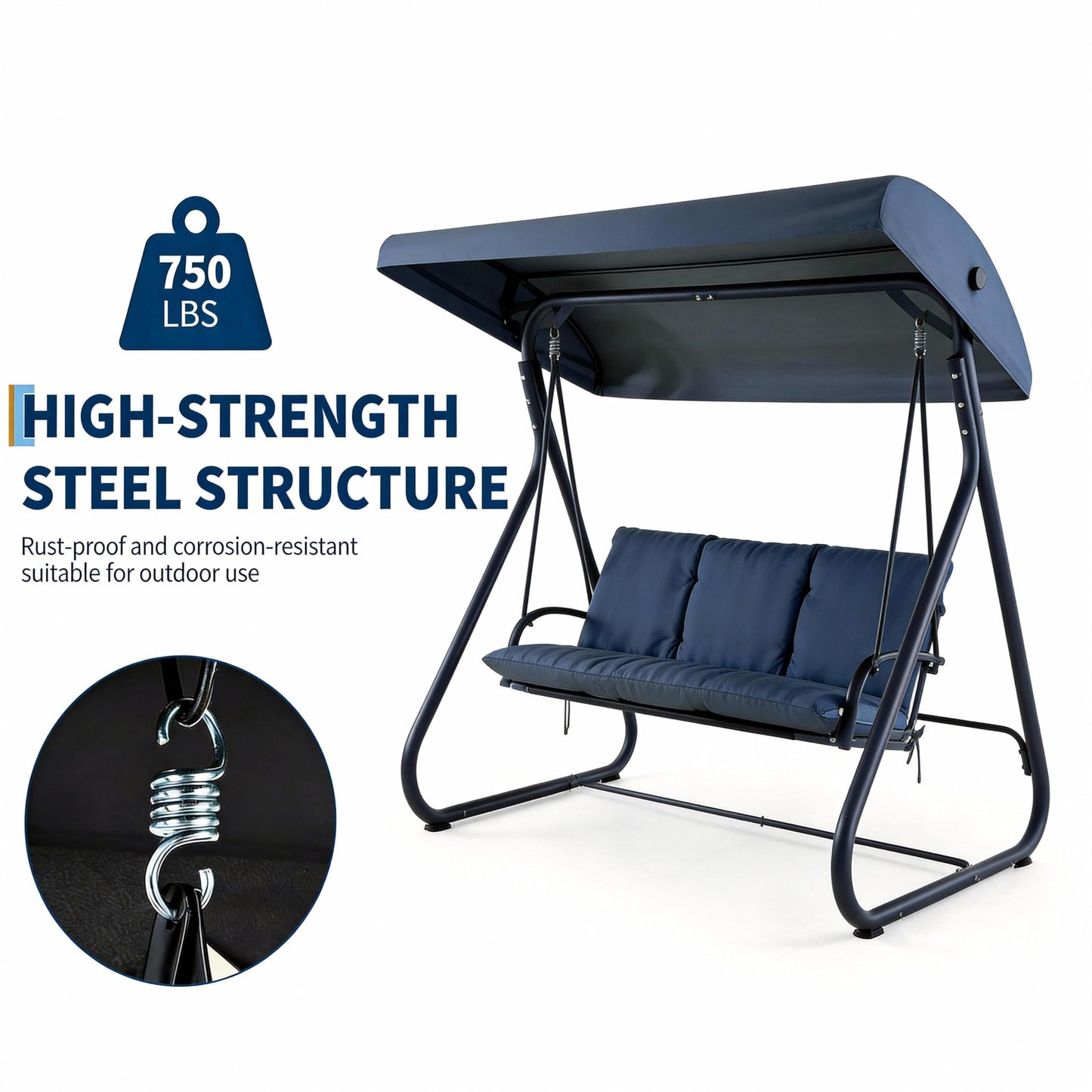 GarveeLife 3-Seat Outdoor Swing Glider with Canopy, Converts to Flat Bed, Adjustable Shade, Removable Cushions, Heavy-Duty Steel Frame, 750 lbs Capacity, for Patio, Backyard, Porch or Garden, Blue