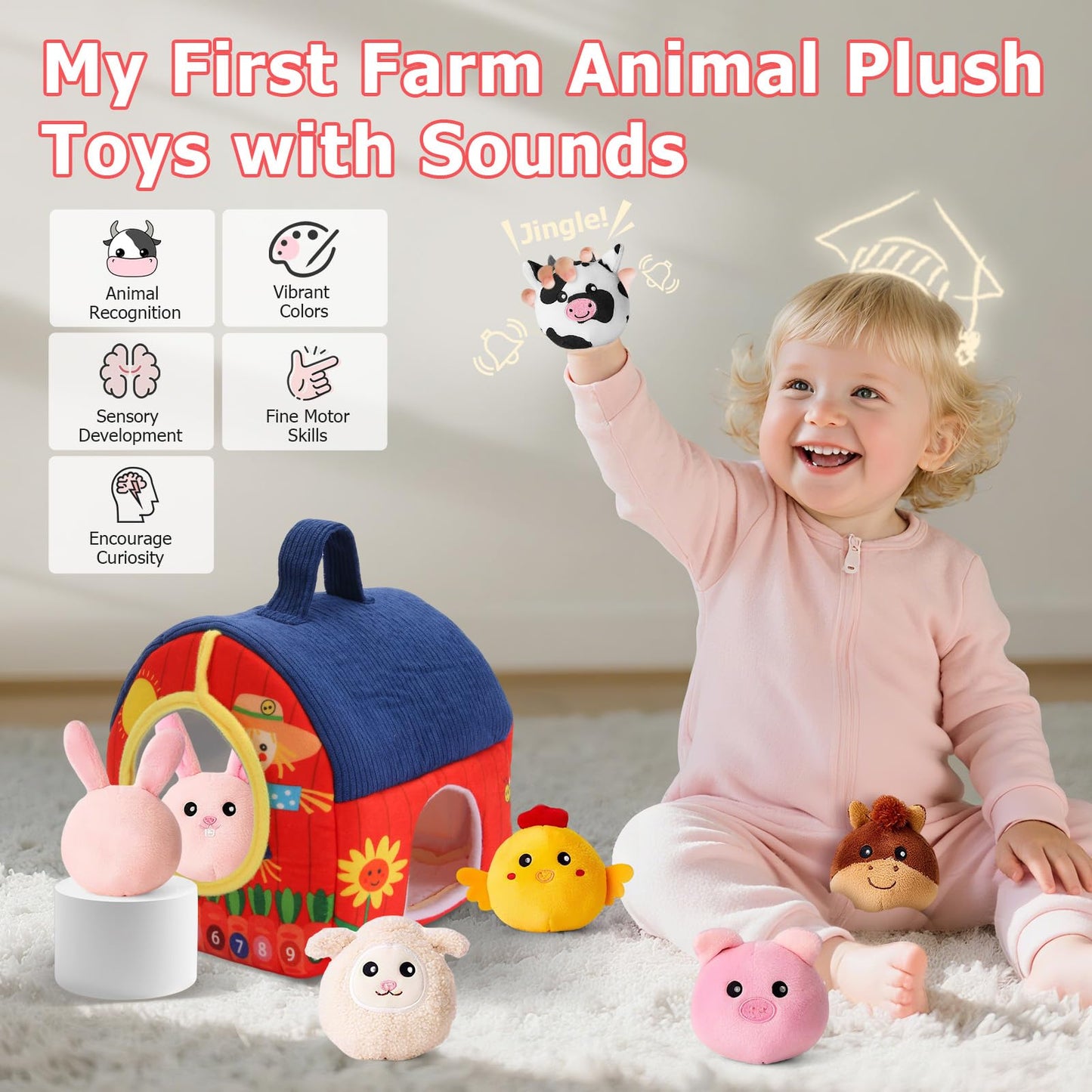 Baby Toys 6-12 Months, Surprise Barn with Stuffed Farm Animals 6Pcs, Rattle, Crinkle, Mirror, Montessori Sensory Toys for 1-3 Year Old Boys Girls, Ideal Gifts for Babies Toddlers Birthday Christmas