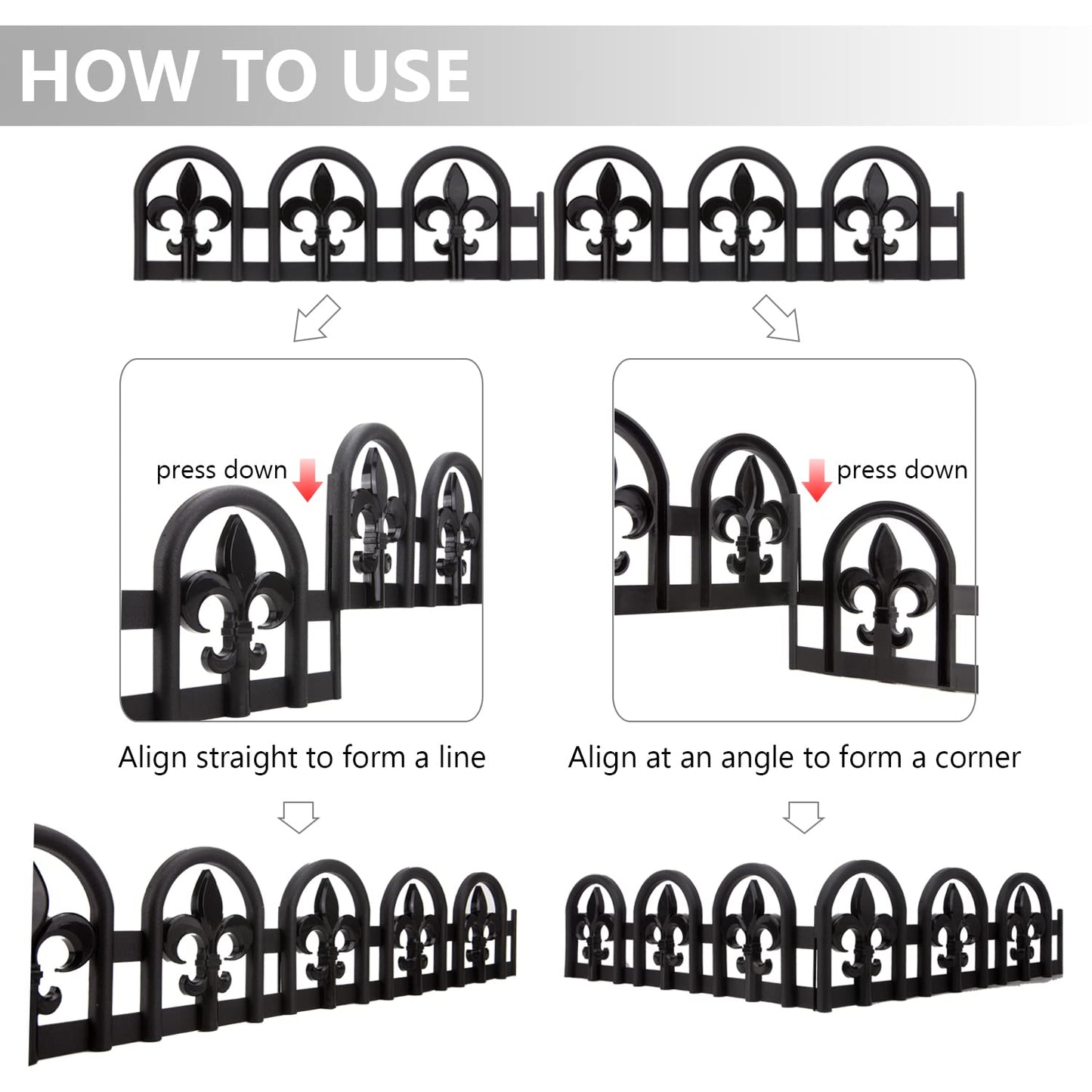 Evelyne Black Garden Border Plastic Edging β PP Plastic, Metal-Free Wrought Iron Look Design, 15pcs Black Yard Landscaping Fence Liner Lawn Edge Barrier, 20ft Kit of Decorative Lawn Landscape Panels