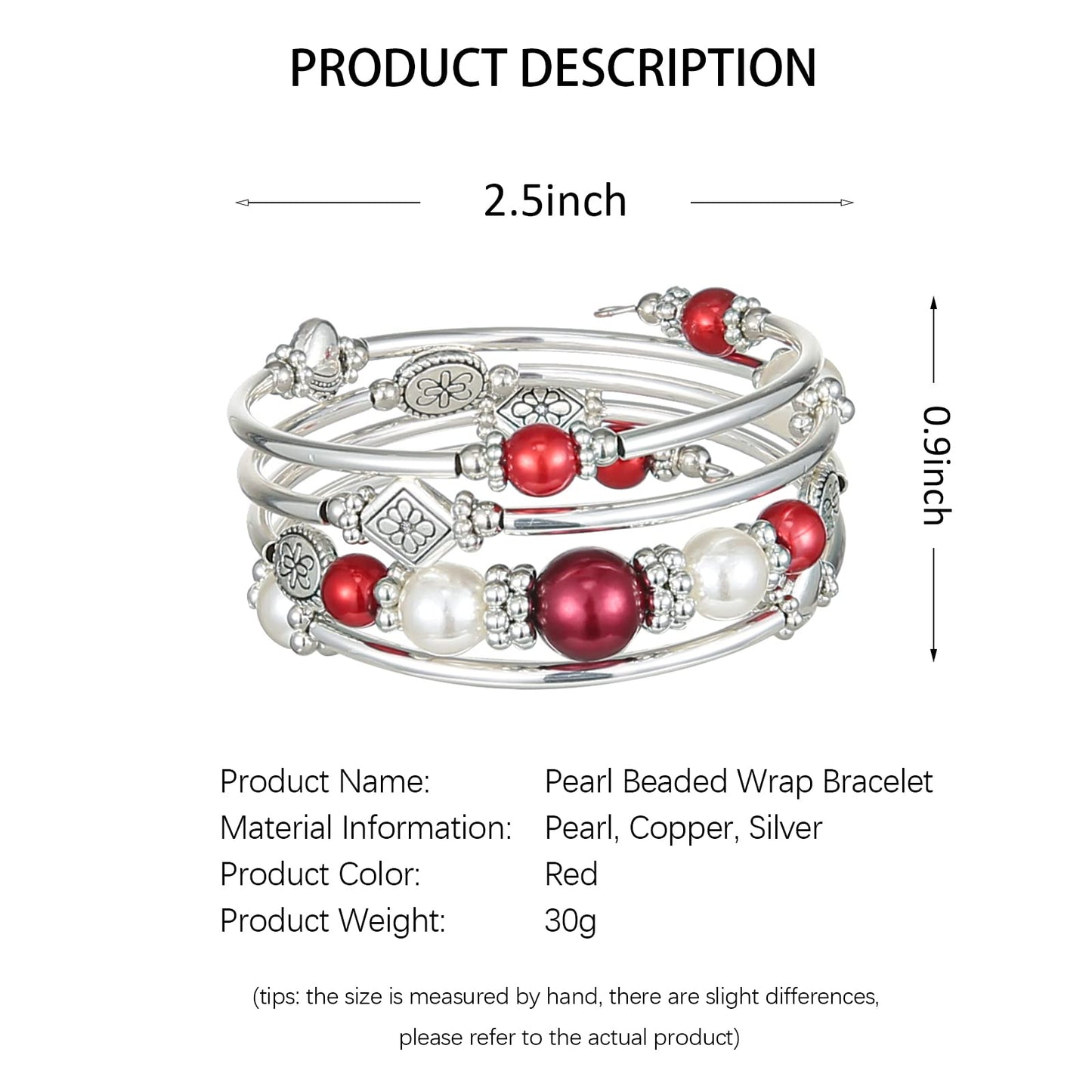 FULU AUTUMN Beaded Pearl Bangle Bracelets for Women Silver Wrap Bangles Bracelet Womens Costume Jewelry Fashion Gift(18-Red)