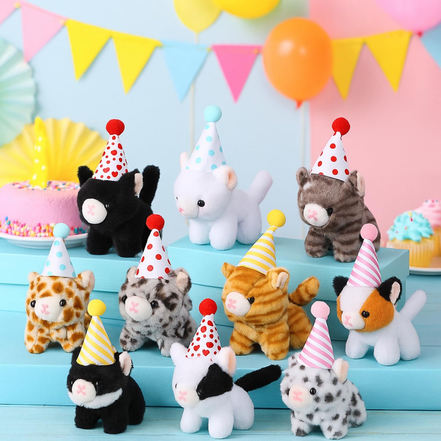 Motionchic 10 Set Kittens Stuffed Animals Bulk with 10 Birthday Hats 10 Kraft Paper Boxes Mini Plush Toys Small Stuffed Cat Pet Gifts for Kids, School Birthday Animal Decor(Standing Style)