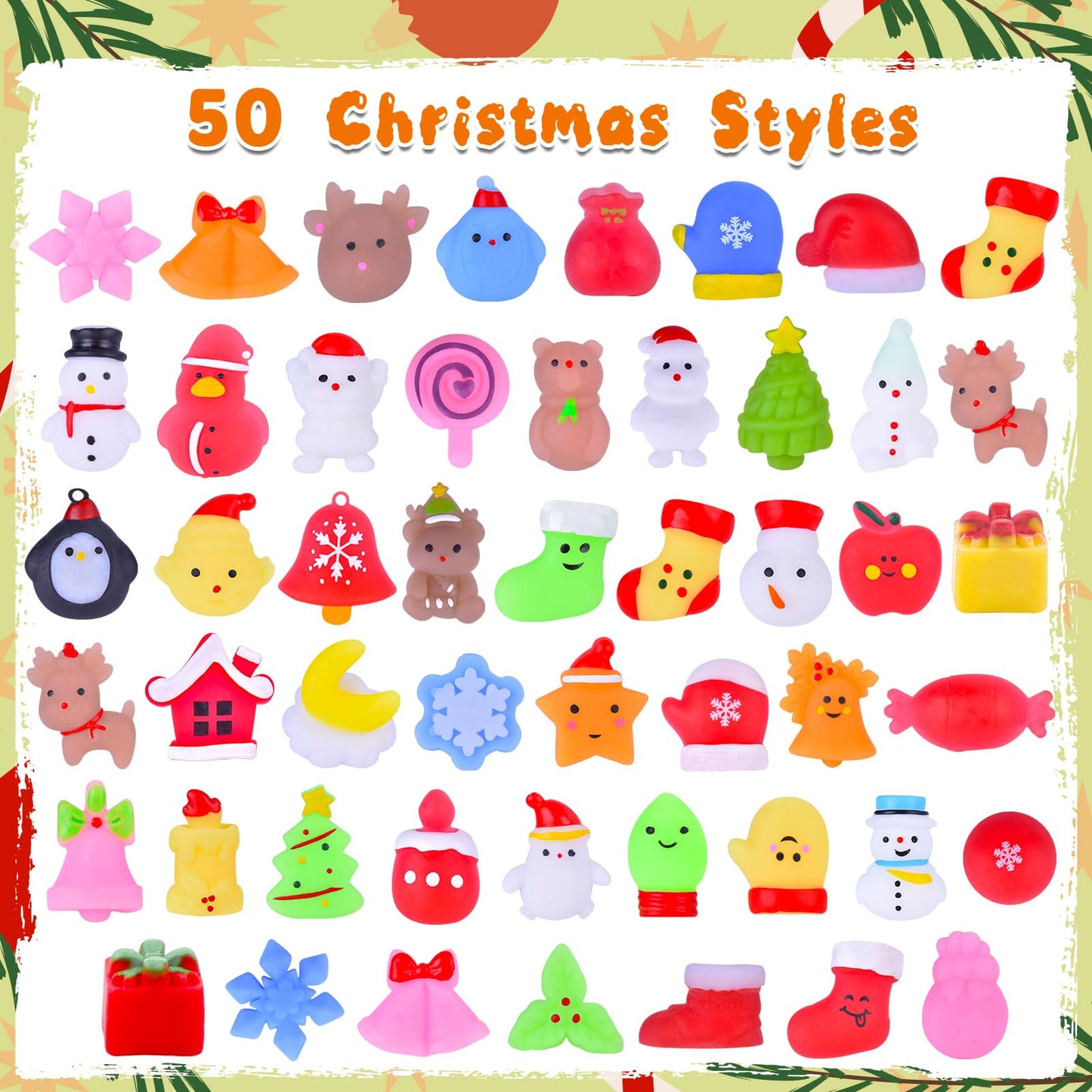 50 Pcs Christmas Squishy Toys, Christmas Party Favors Stocking Stuffers Xmas Gifts, Kawaii Mochi Squishies Sensory Squeeze Toys for Kids Christmas Party Favors Stocking Stuffers Gifts