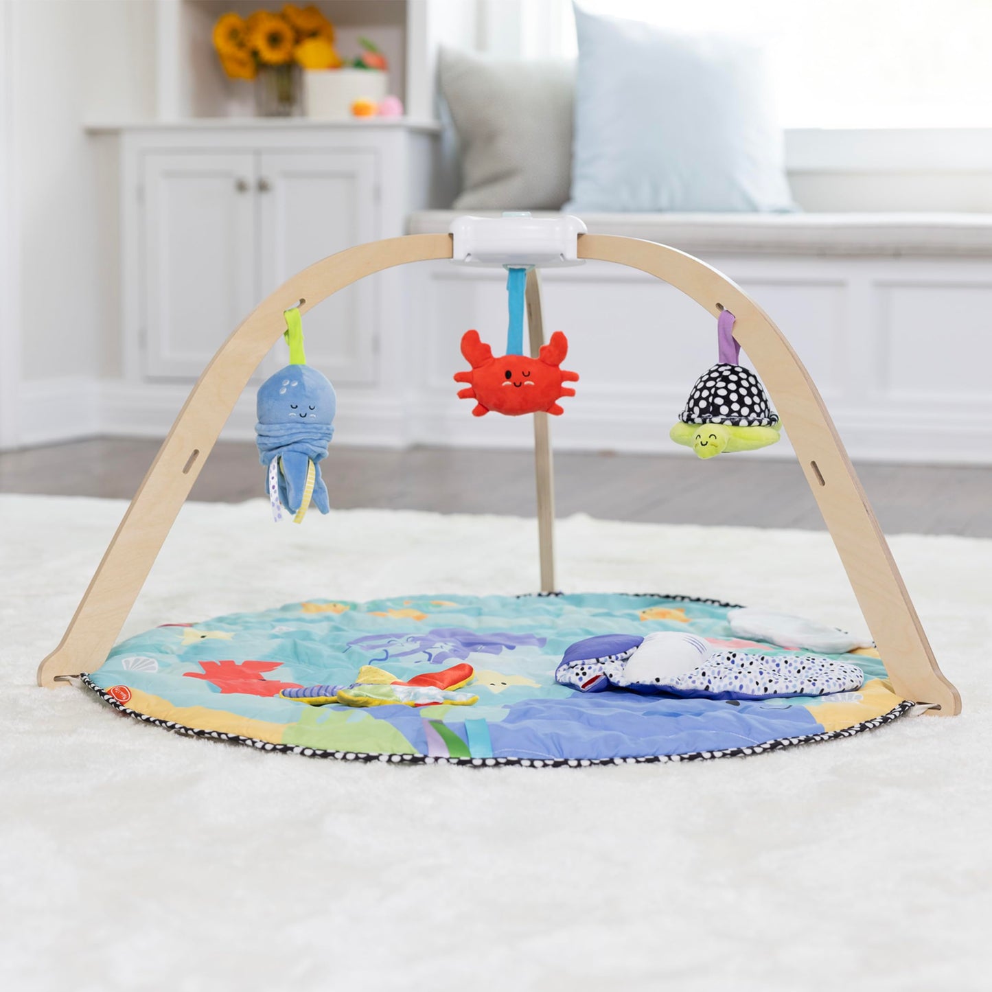 Melissa & Doug Ocean Wooden Baby Play Gym, Easy-Fold Baby Activity Center, 5 Washable Sensory Toys & Reversible Play Mat, Infant Toys, Ages 0–9 Months - FSC Certified