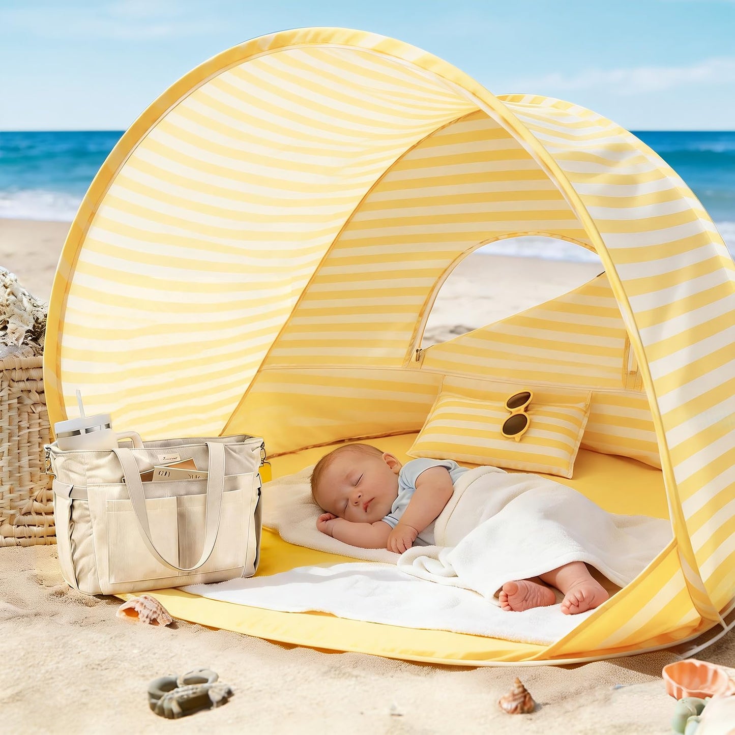 Tiny Land Baby Beach Tent – Pop Up Baby Tent with UV Protection, Portable Baby Beach Essentials, 35.4"x27.6"x31.5" Sun Shelter for Infants, Baby Summer Outdoor Use (Pastel Yellow Stripes)