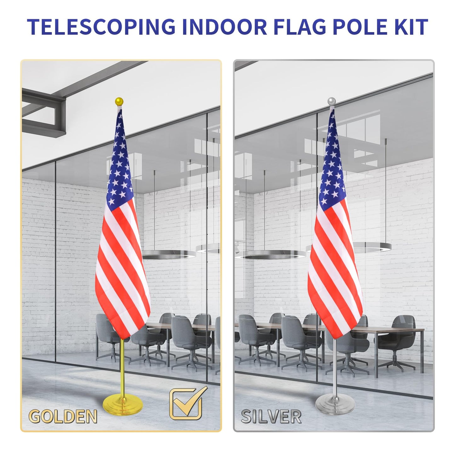 WJTQTBT Indoor Flag Pole Kit with Weighted & Thickened Base 6-8FT,Stainless Steel Commercial Indoor Flagpole for Office School City Hall,Heavy Duty Indoor Telescoping Flag Pole,Golden 1 Pack