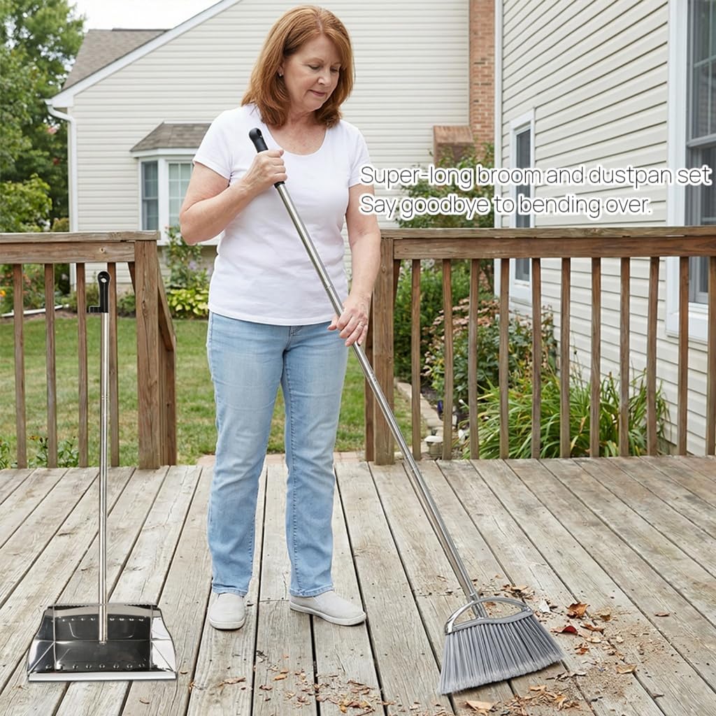GLOYY Outdoor Broom and Dustpan Comb Set,Heavy Duty Stainless Steel Metal Dust Pan with Long Handle Commercial Stiff Bristles Broom for Home Garage Garden Patio