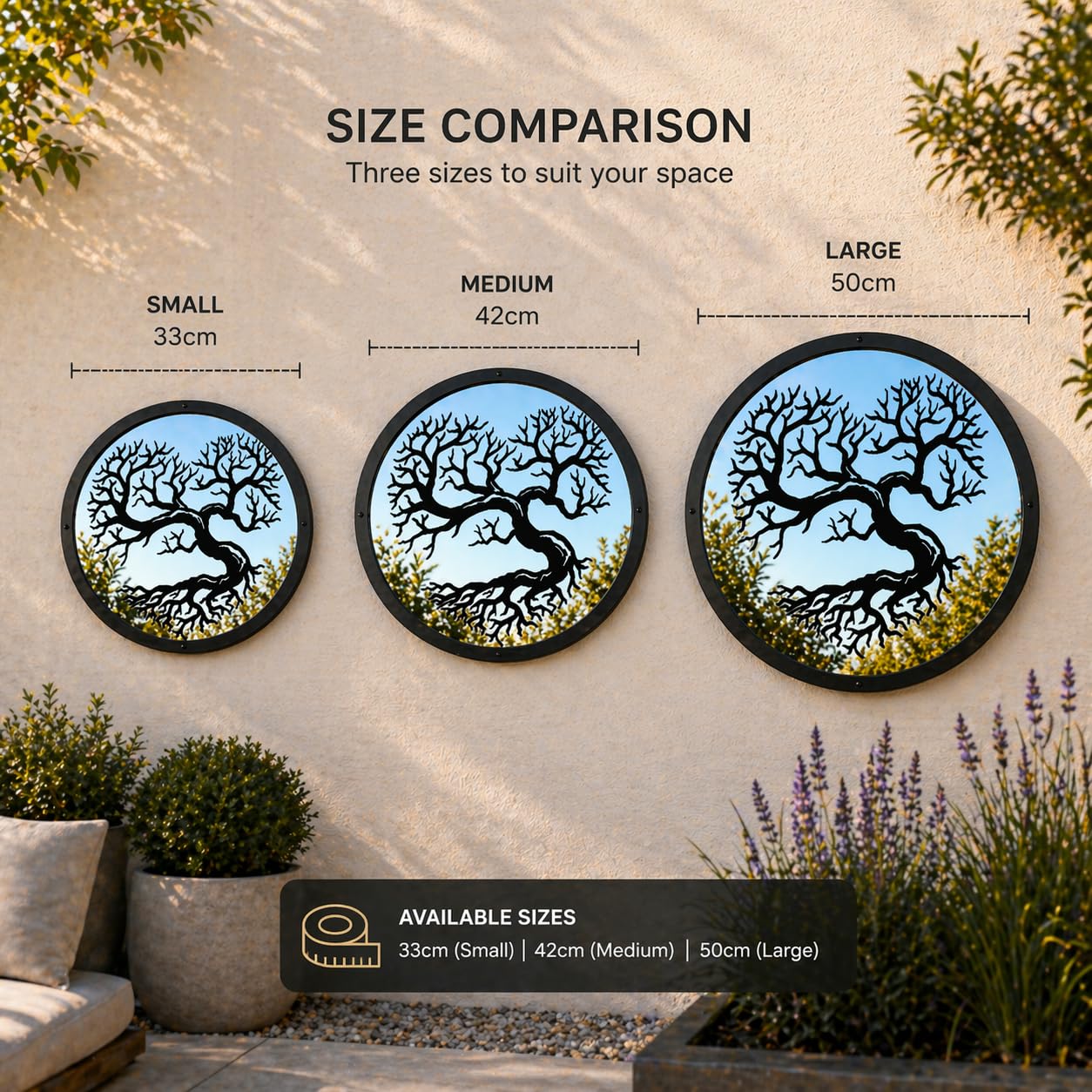 Sun Catcher Garden Decor Heart Shaped Garden Mirror Range of Sizes Round Framed Mirror Outside Rust Resistant Acrylic Fixings Included Gift (42cm / 16.5 inch)