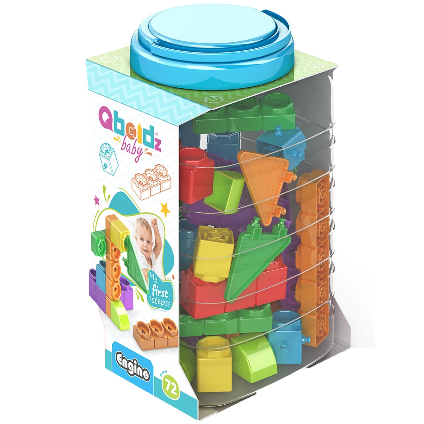 Engino Baby Qboidz, My First Steps Toy, Montessori Baby Toys Ages 1.5+, Building Blocks for Toddlers, Learning & Education Toys, Kindergarten Readiness, Large Tub