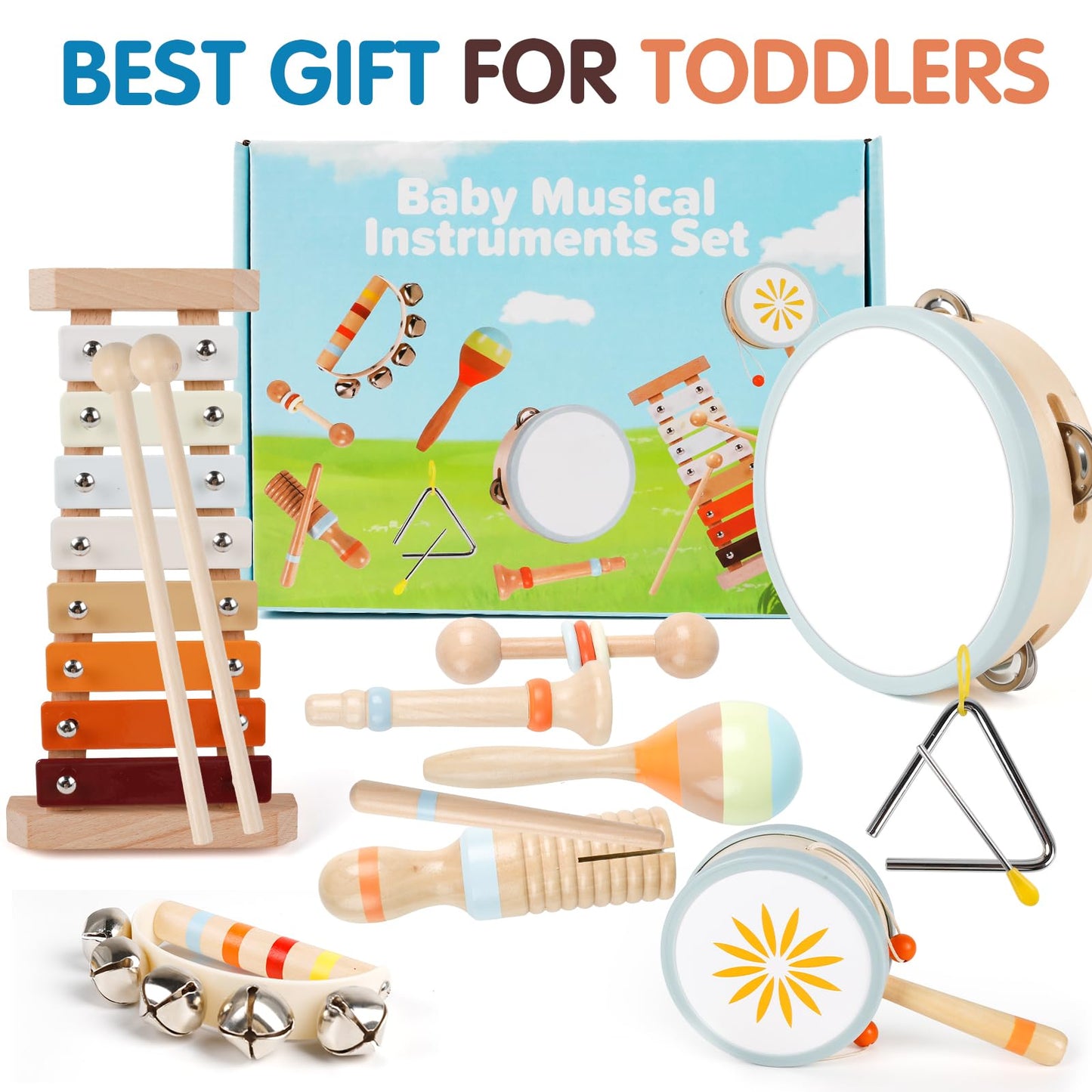 Wooden Toddler Musical Instruments Set, 9PCS Kids Montessori Toys, Baby Toys with Xylophone & Drum, Educational Gift for Ages 1, 2, 3 Year Olds