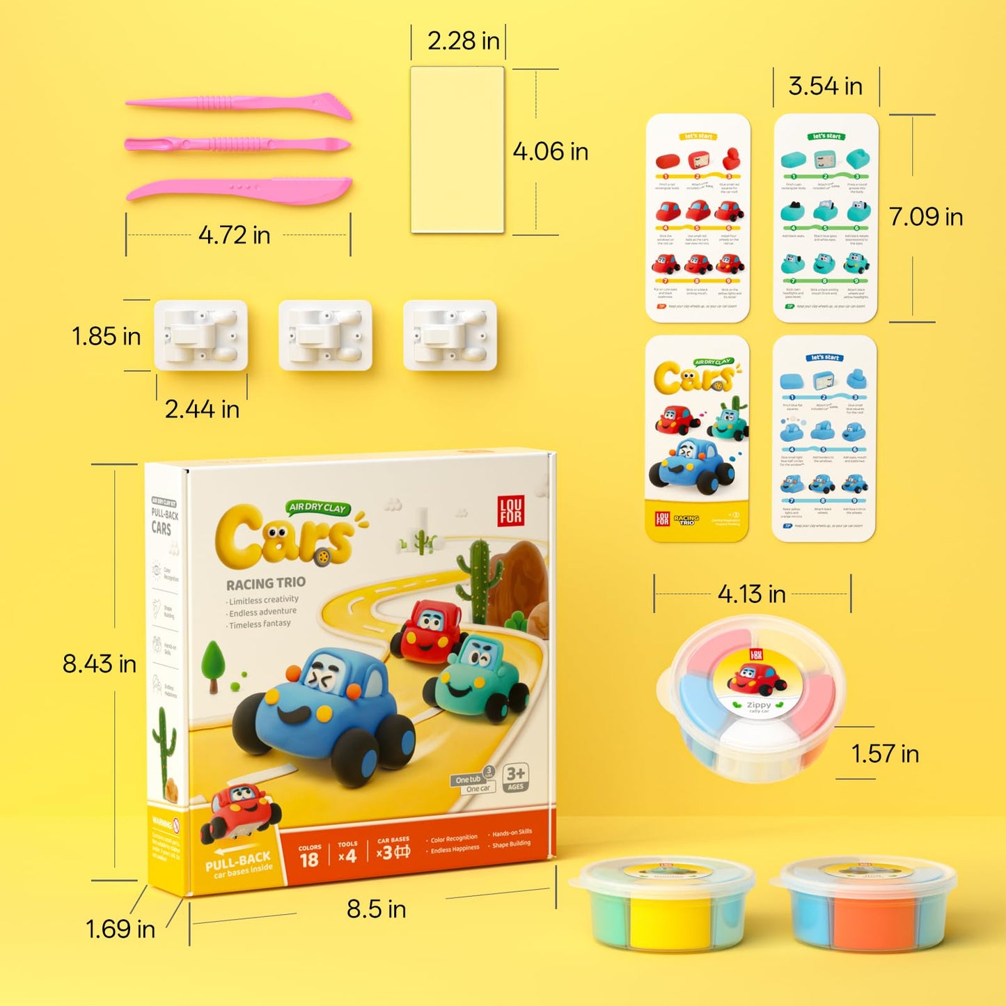 Air Dry Clay Kit for Kids - Pull Back Car Making, 3 Boxes Modeling Clay with Sculpting Tools, Base, Backing Board, Tutorial, Ultra Light & Soft, Non-Toxic & Safe, Creative DIY Arts and Crafts Toys