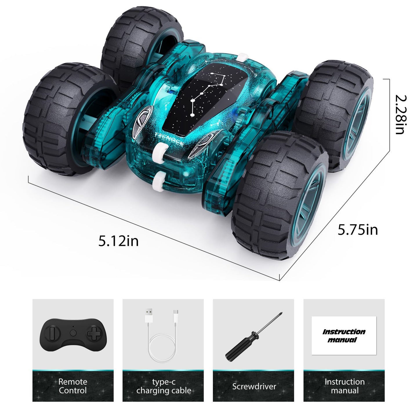 Tecnock Remote Control Car, 2.4GHz RC Cars with USB-C Easy Charging, 4WD Double Sided 360° Rotates and Flips RC Stunt Car, Toys Gift for Boys and Girls Ages 6-8, 8-12