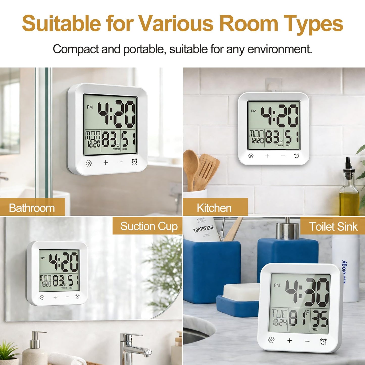 Tikonir Shower Clock Waterproof, Bathroom Digital Clock with Timer, LCD Display, Touch Screen, Suction Cup, Temp, Seconds, Hanging, Hole Stand, Digital Wall Clocks Battery Operated for Kids and Adults