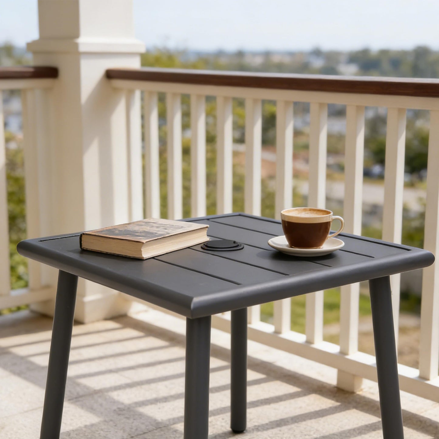 UFavo Home Small Metal Outdoor Side Table with Umbrella Hole, Sqaure Patio Coffee Bistro Table End Table, Umbrella Table with Hole for Poolside Backyard Porch Deck Balcony,19.7x19.7 inches, Gray