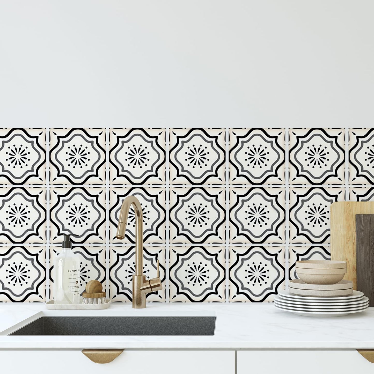 30 Count Moroccan Tile Decals 4 in – Self Adhesive Vinyl Wall Stickers, Waterproof Peel & Stick for Kitchen Backsplash, Bathroom, Stair Tread Accent, Neutral Tan/Black (Black)
