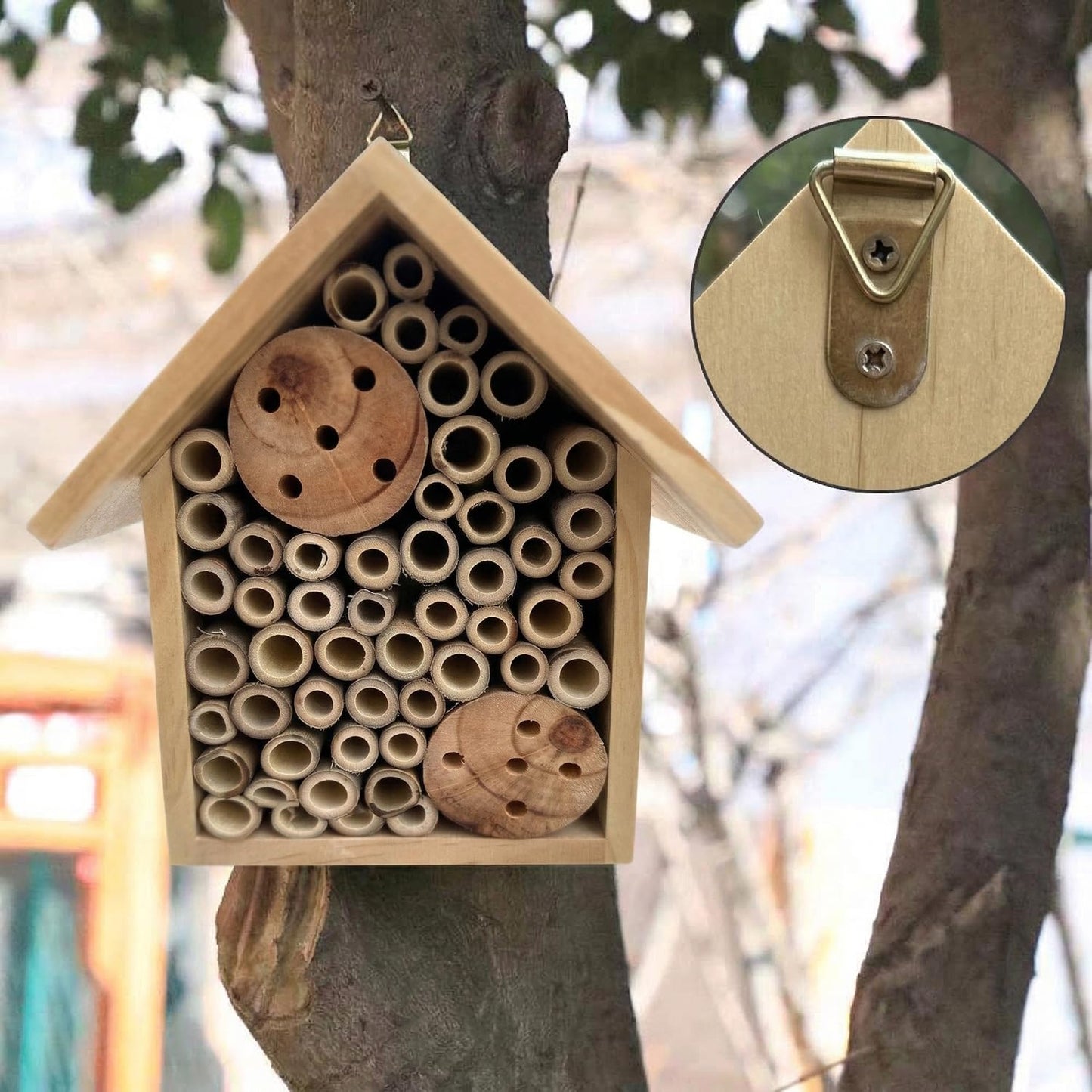 EGREE Mason Bee Houses Outdoor Wooden Bee Hotel for Garden and Yard Hand-Made Bamboo Bee Hive for Bees Butterflies and Ladybugs, Medium Size 8"x7.5"x5", Natural Finish