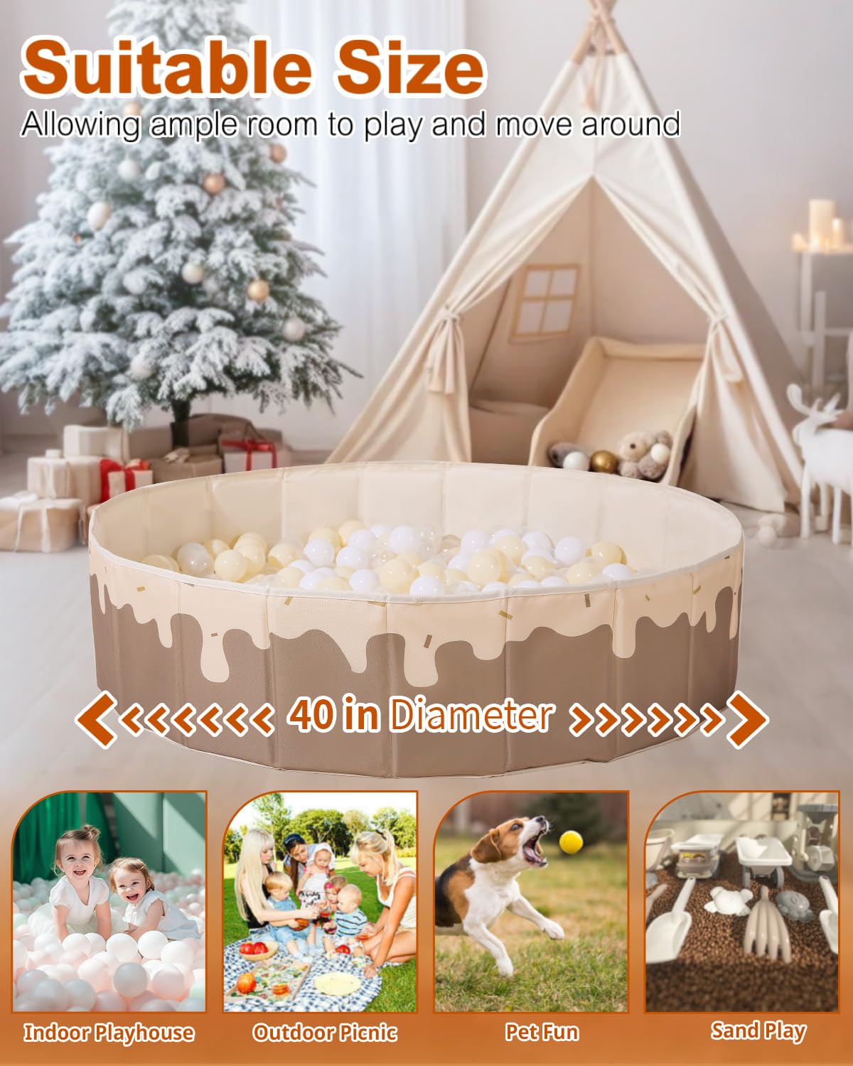 Baby Ball Pit for Toddlers1-3, Foldable Kids Ball Pits Play Tent, Crawl Playpen Ball Pool Playhouse with Storage Bag, for Boys Girls Dogs Cats Festival Play (Balls Not Included), Doughnuts