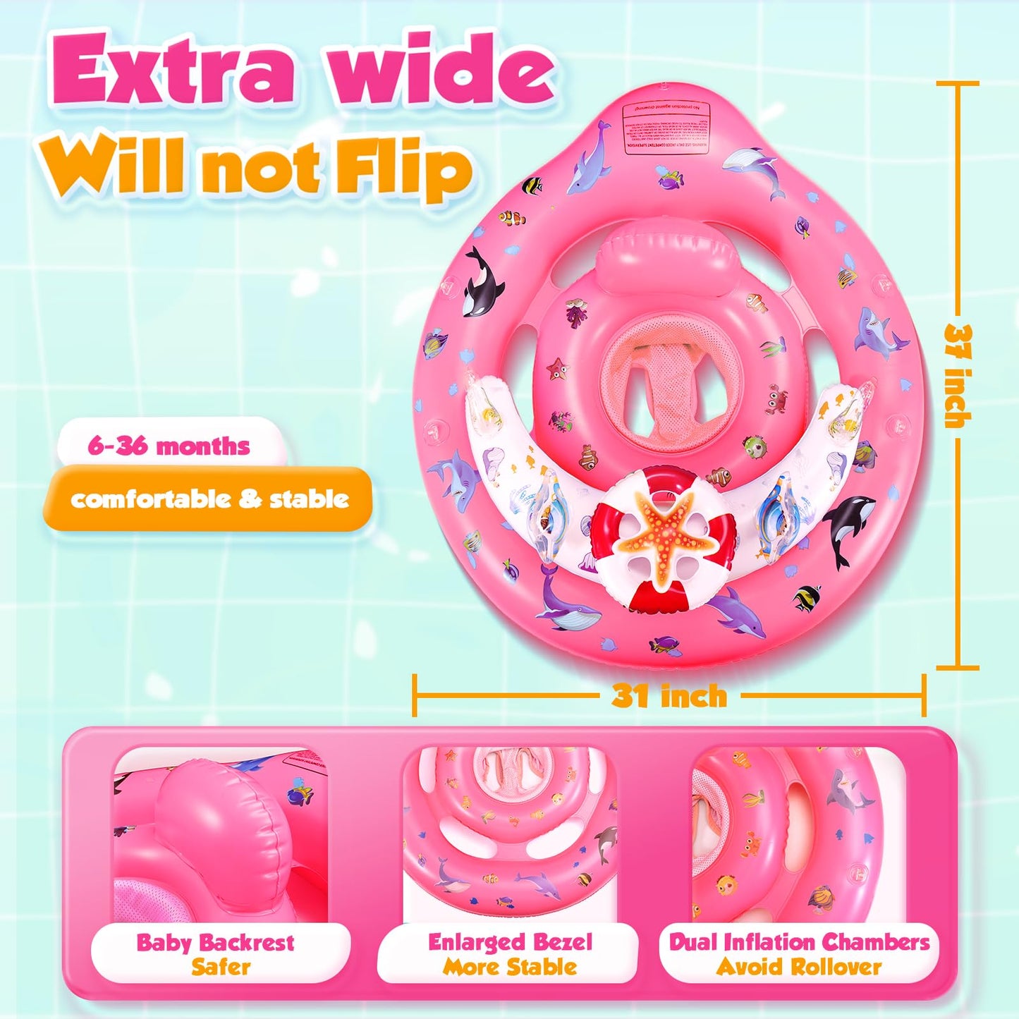 Baby Pool Float with Canopy UPF50+ Sun Protection, Inflatable Kids Pool Floats with Toy Play Console for Baby 6-36 Months, Infant Swimming Float with Adjustable Safety Seat for Boys Girls