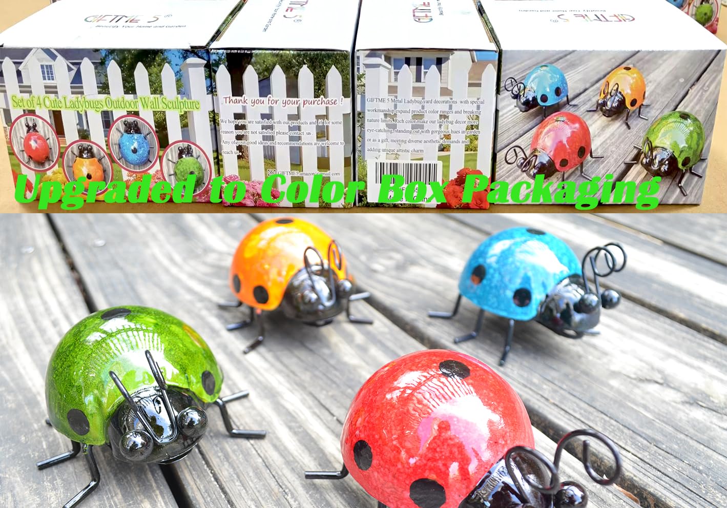 GIFTME 5 Metal Garden Wall Art Decorative Set of 4 Cute Ladybugs Outdoor Wall Sculptures