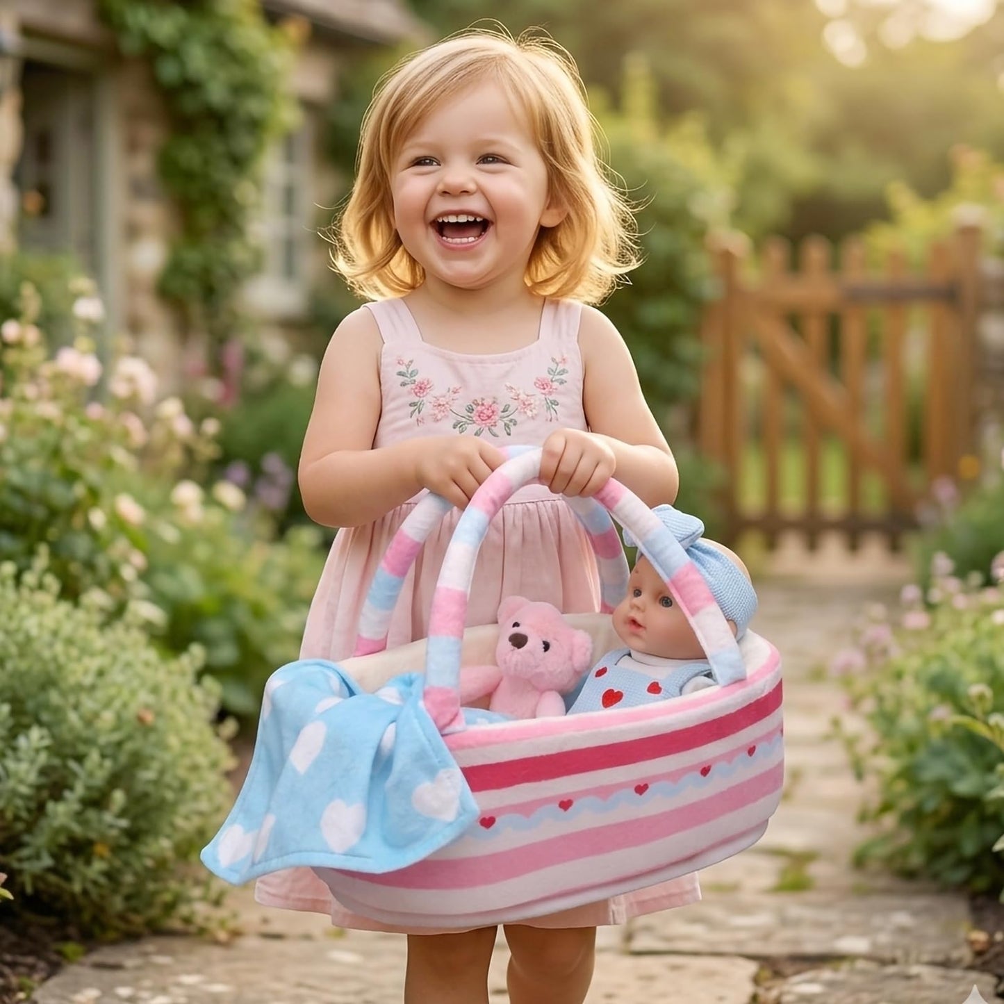 Uzoxlsn 12’’ Baby Doll with Cotton Carrier Bassinet, 15 Pcs Baby Doll Accessories Bedding, Feeding and Caring Set Magic Bottle Pacifier Diaper Blanket Pretend Play Game Gift for Girls Age 3+ Toddler