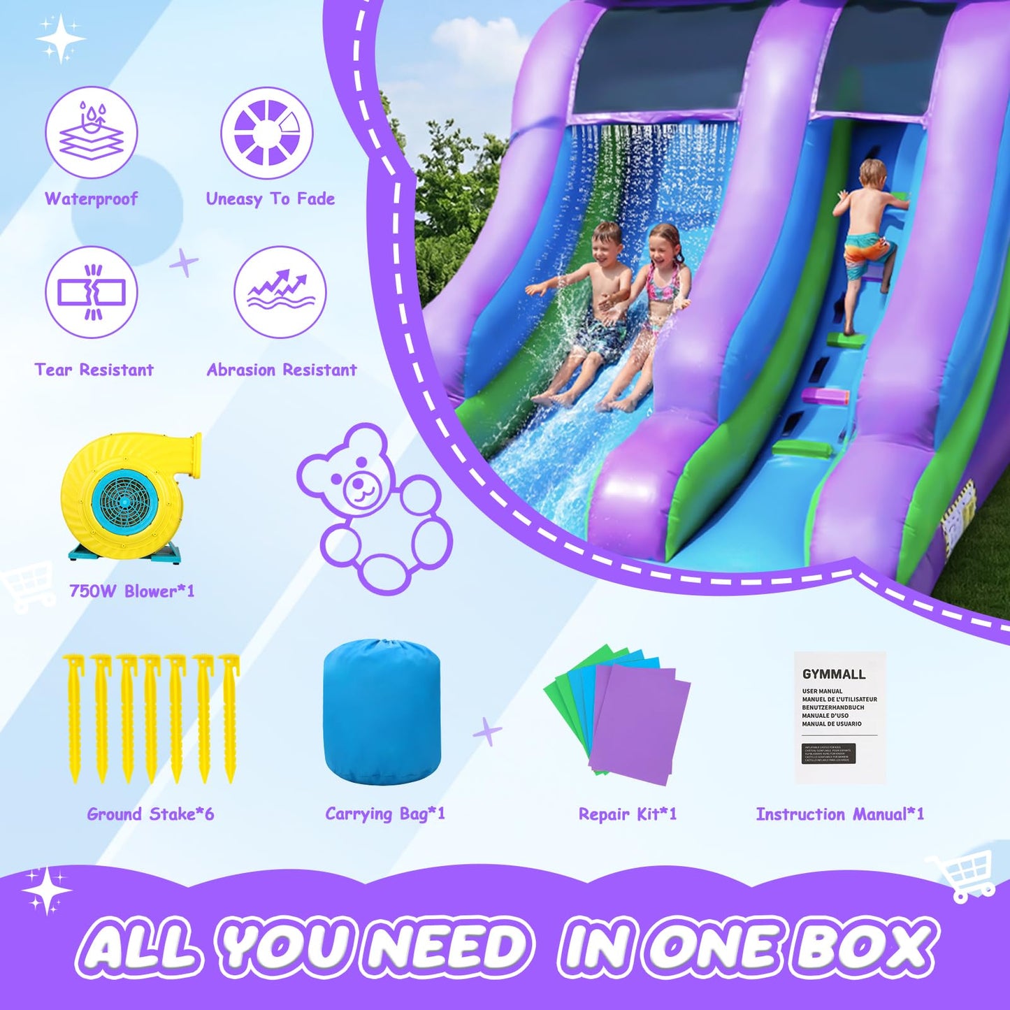 GYMMALL 21FT Inflatable Water Silde Commercial 100% PVC Grade for Adults and Kids, Blow up Heavy Duty Waterslide Bounce House with 750 W Blower and Large Pool for Outdoor, Party and Rental - Purple