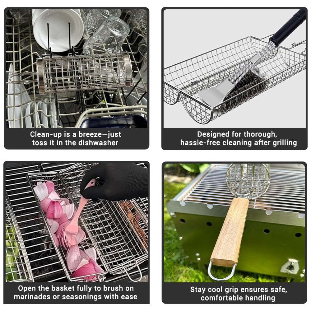 Rolling Grill Basket for Vegetables, Kebabs & Shrimp – 304 Stainless Steel BBQ Accessory with Side-Opening Design, Ideal for Outdoor Cooking & Camping (Rolling Grill Basket)