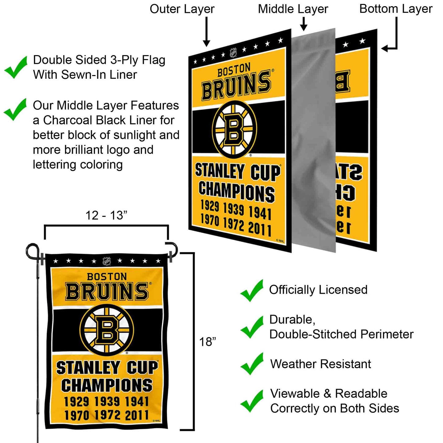 Boston Bruins 6 Time Stanley Cup Champions Double Sided Garden Flag