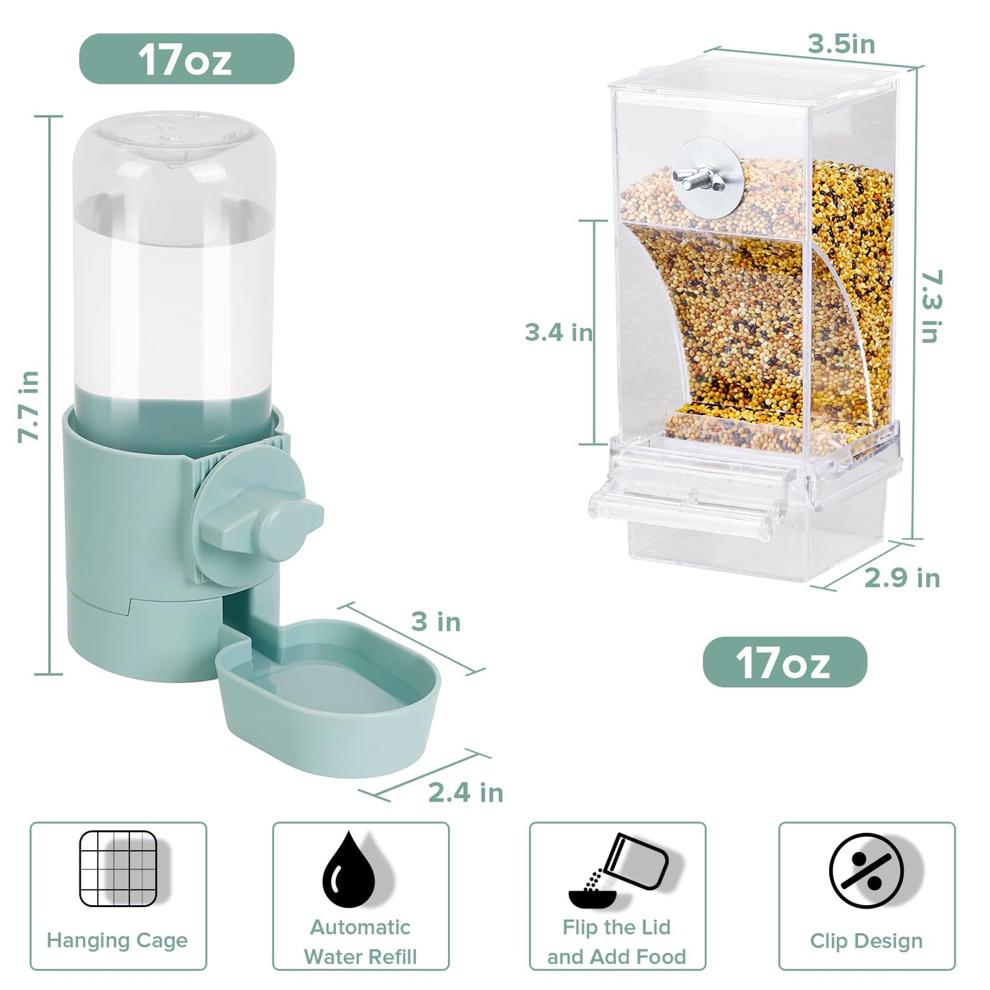 lemtrflo No Mess Bird Feeder Water Dispenser Set, Bird Feeder for Cage, Cage Accessories for Cockatiels, Finches, Budgies and Canaries