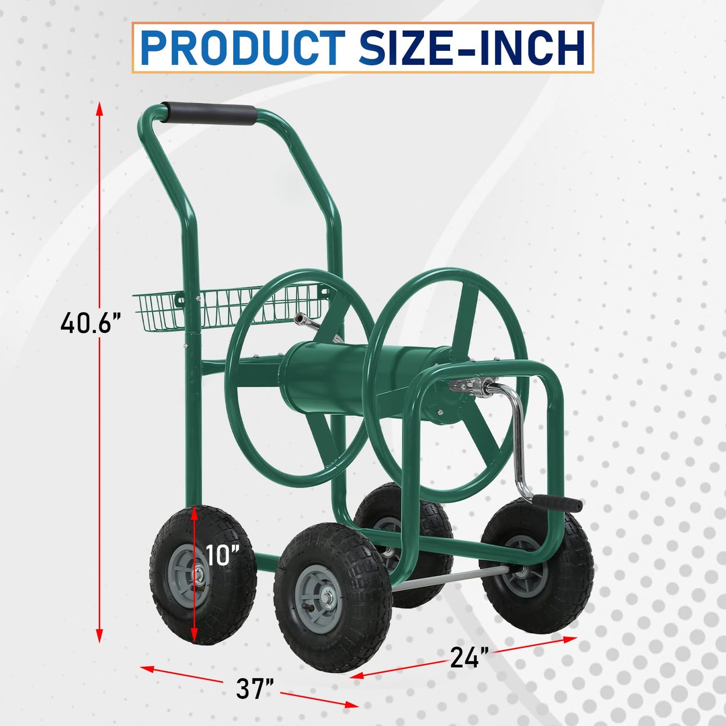 FDW Garden Hose Reel Cart, Water Hose Cart with 4 Wheels, Hold Up to 300 ft of 5/8’’ Hose,Heavy Duty Powder-Coated Steel Planting with Storage Basket, for Garden, Yard and Lawn