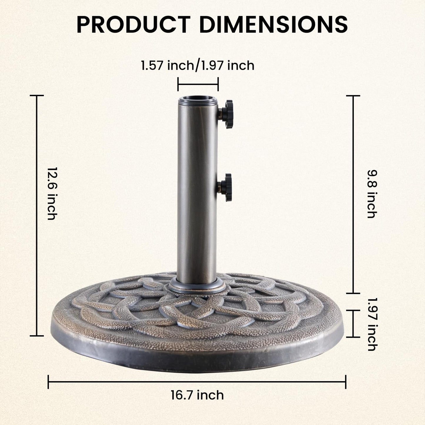 DUMOS 22LBS Heavy-Duty Outdoor Umbrella Base, Weather-Resistant Resin Patio Umbrella Stand, Rust-Proof Coated Umbrella Holder for Garden/Pool/Backyard, 2 Securing Knobs, 2 Pole Adapters, Bronze