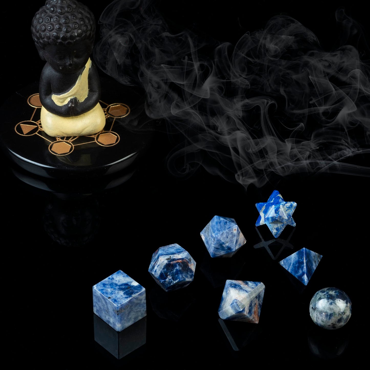 ZAICUS Sodalite 7 Pcs Platonic Solids Crystal Geometry Set, Platonic Solids Sacred Geometric Stones for Meditation Reiki Balancing Healing Chakra Stone Cleansing Spiritual Good Luck (15-20 mm)