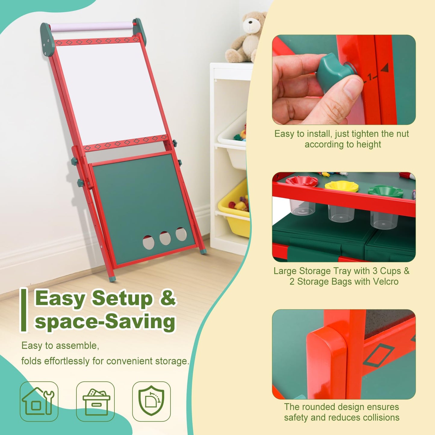 BBV Kids Wooden Easel with Paper Roll, Adjustable Magnetic Double Sided Drawing Board Whiteboard & Chalkboard Dry Easel Board, Children Art Easel for 3~12 Years Kids Boys Girls Painting Drawing(Red)