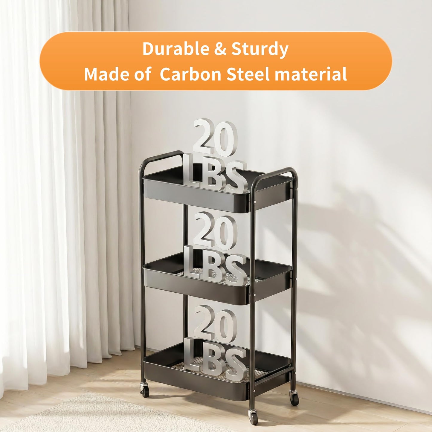 JAQ Makeup Carts, 3-Tier Metal Rolling Utility Storage Organizer Cart Shelf with Wheels for Craft Office Supplies Diapper Snack in Bathroom Kitchen Laundry Classroom Dorm -(3-Tier,Black