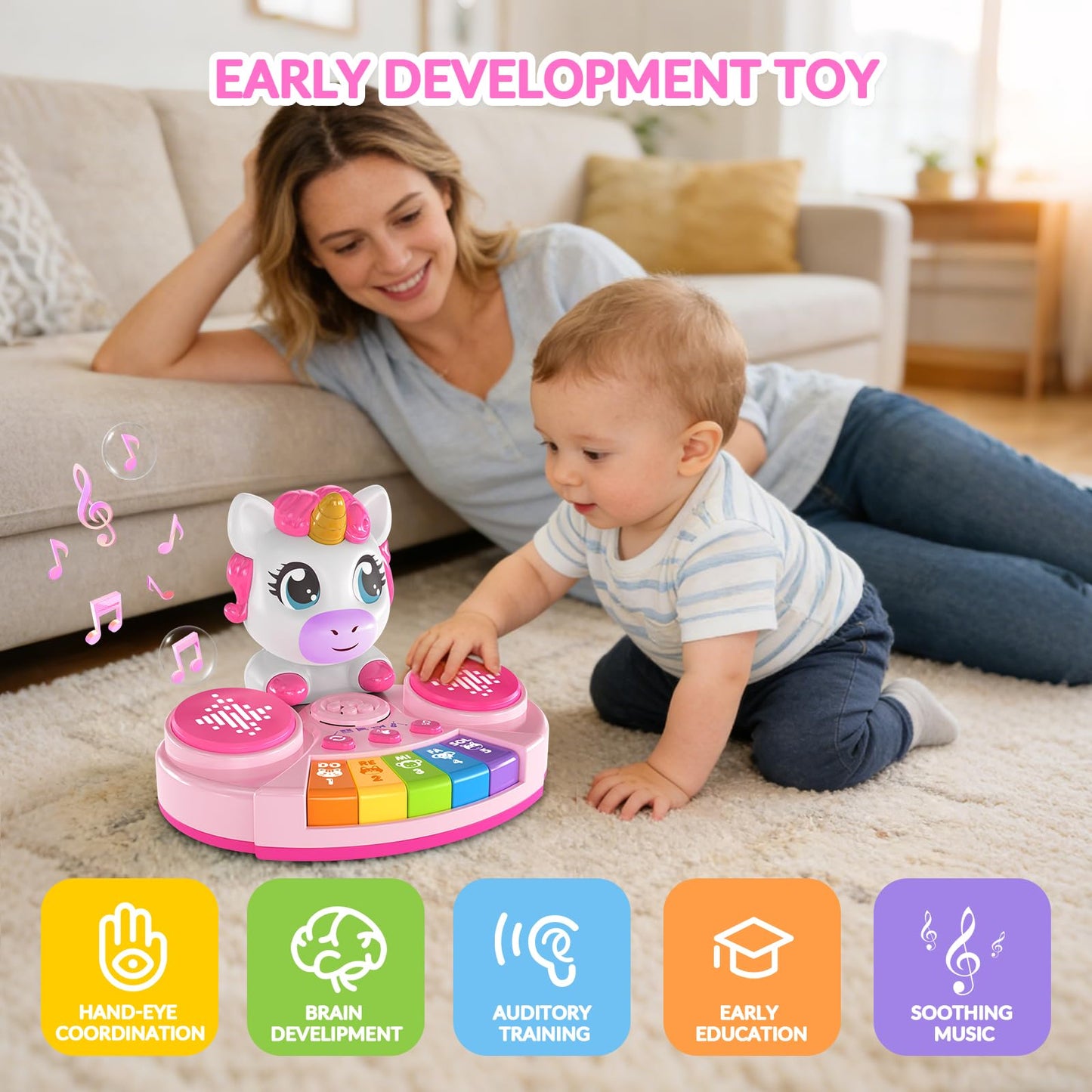 DPDos Unicorn Baby Piano Toy with Animal Sounds, Light Up Musical Keyboard, Educational Toddler Learning Toys for 1 Year Old Girl, Birthday Gifts 6+ Months