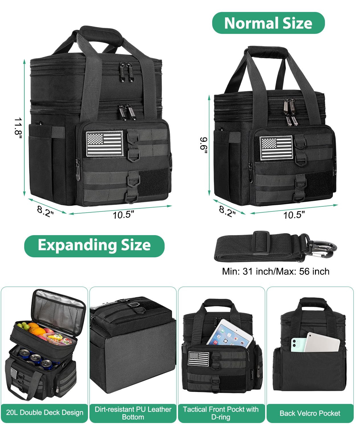 Tactical Lunch Box for Men, Large Insulated Lunch Bag for Adult, Heavy Duty Double Deck Expandable Lunch Cooler Bag with American Flag, Leakproof Soft Lunch Pail for Work Office Camping - Black