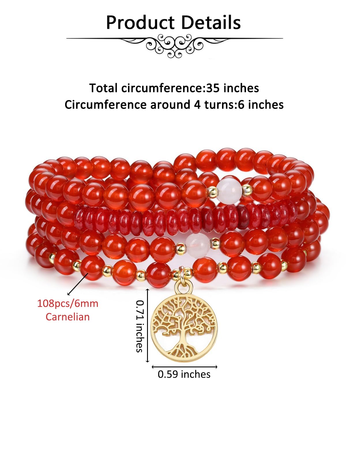 Jovivi 108 Mala Beads Bracelet Necklace, Natural Red Agate Healing Crystal Stones Prayer Beads Yoga Meditation Gemstone Necklace Gold Copper Tree Life Pendant