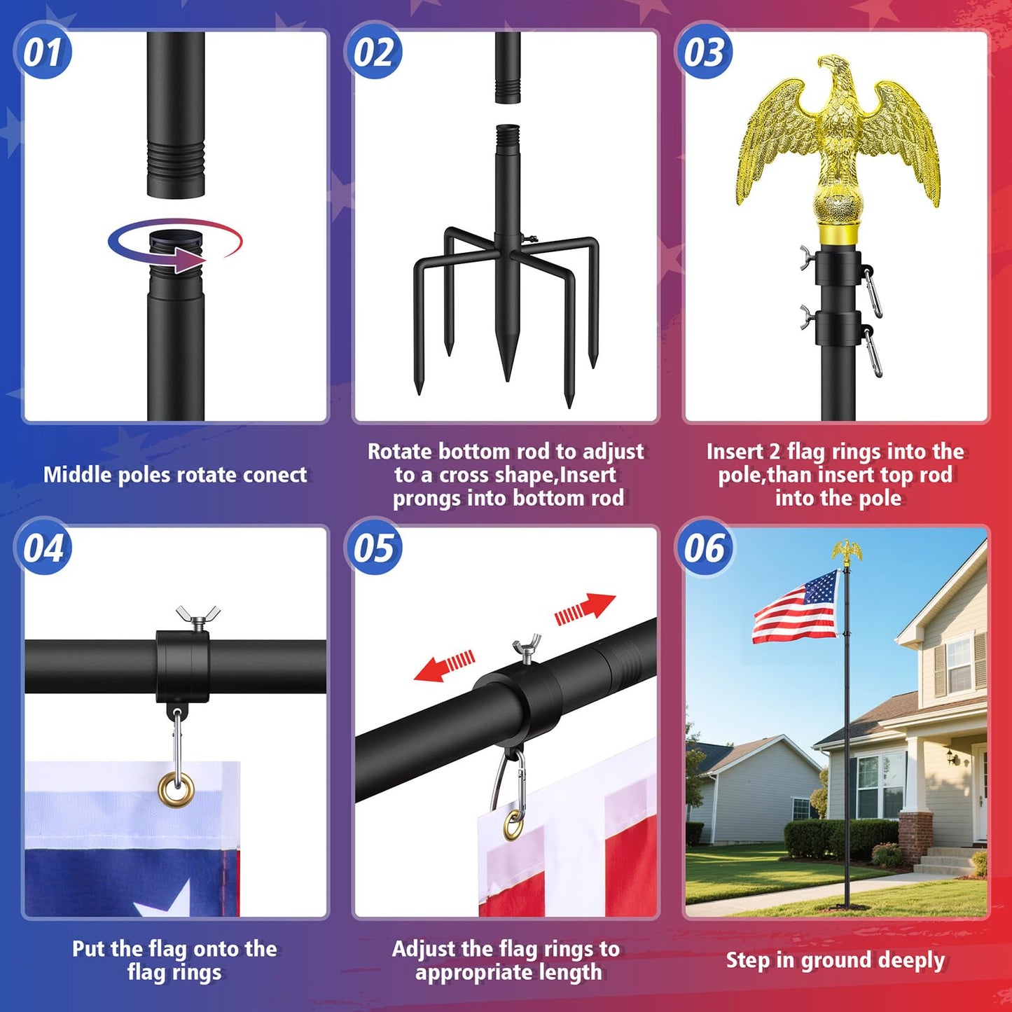 Flag Pole for Outside House, Outdoor Black Heavy Duty 10 FT Flag Pole Kit, for Residential or Commerical, Tangle Free Flagpole (Include American 3 X 5 Flag, 5 Pronges Base, Eagle Shaped Head)