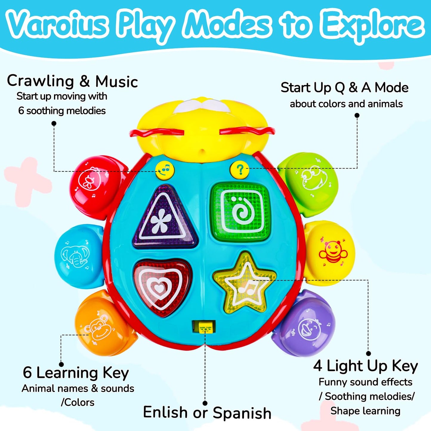 Baby Crawling Toys 6-12 Months, Musical Light Up Tummy Time Toy for Infant 0-6 7 8 9 10 Month Old, Toddler Spanish English Bilingual Learning Educational Development Gift 1 2 Year Old Boys Girls